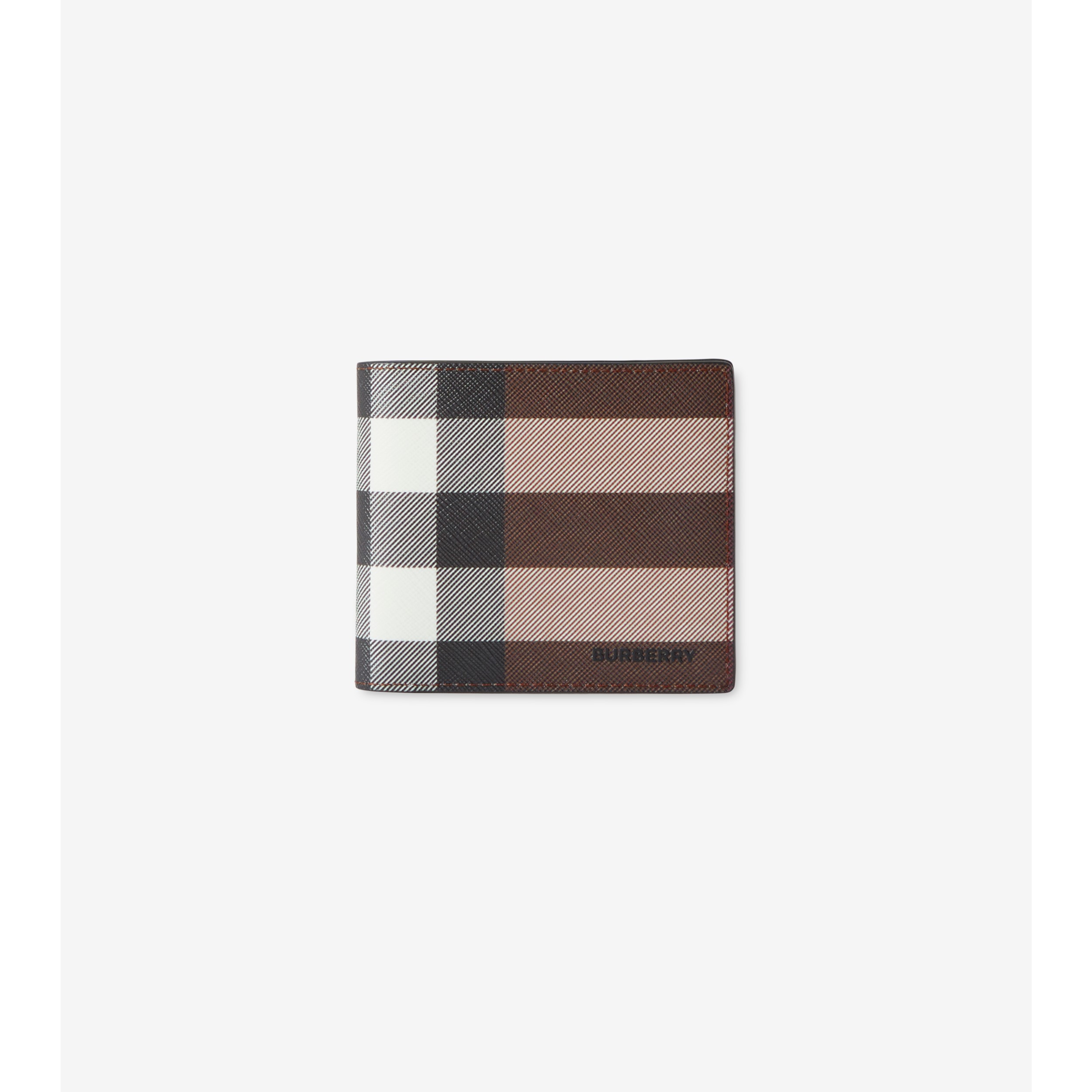 Check and Leather Bifold Wallet in Dark birch brown - Men