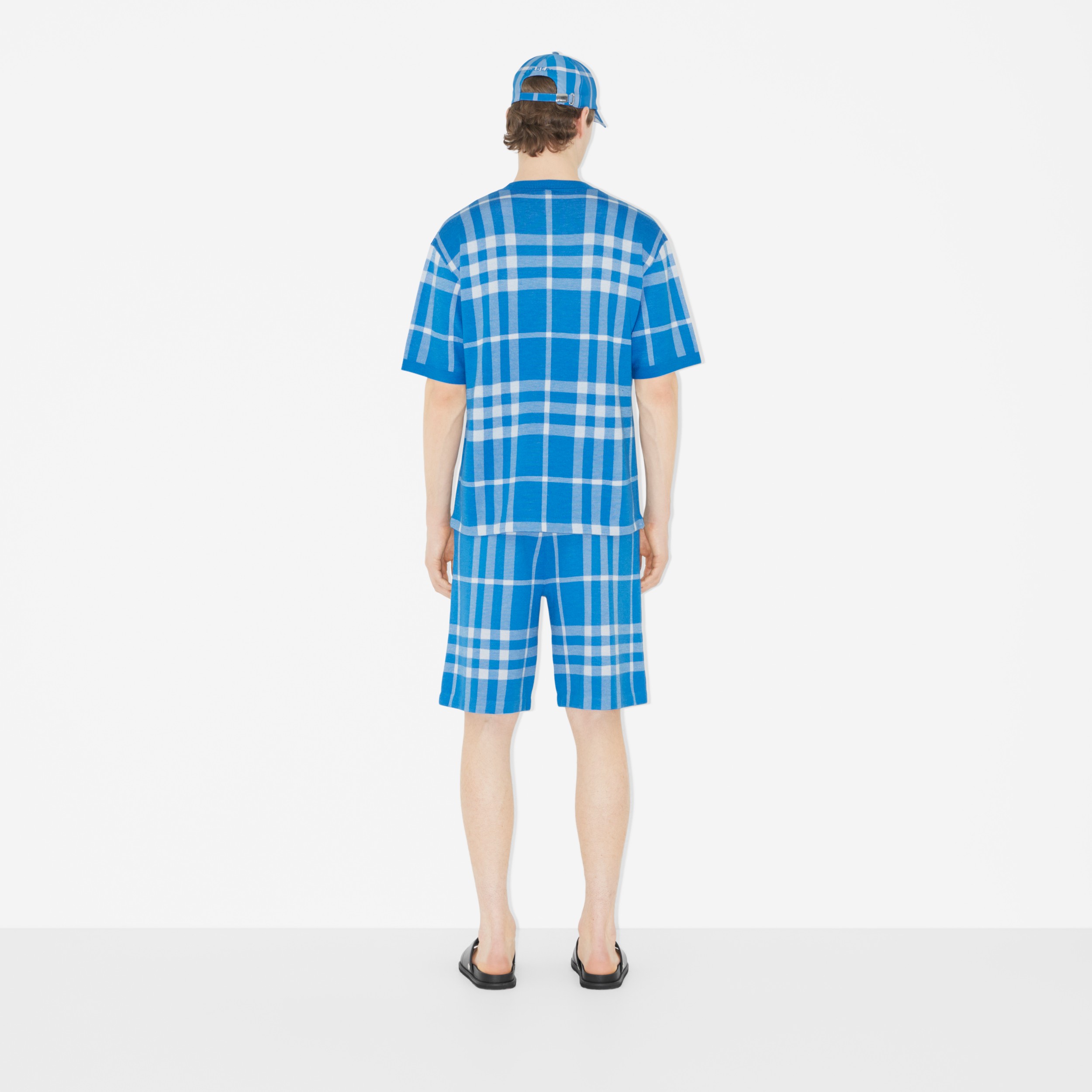 Short-sleeve Check Silk Wool Jacquard Top in Vivid Blue - Men | Burberry® Official - 4
