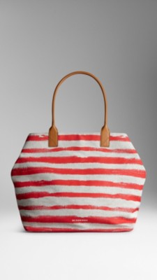 淡石色 / 珊瑚红 中型 canvas 条纹托特包 - 图像 1