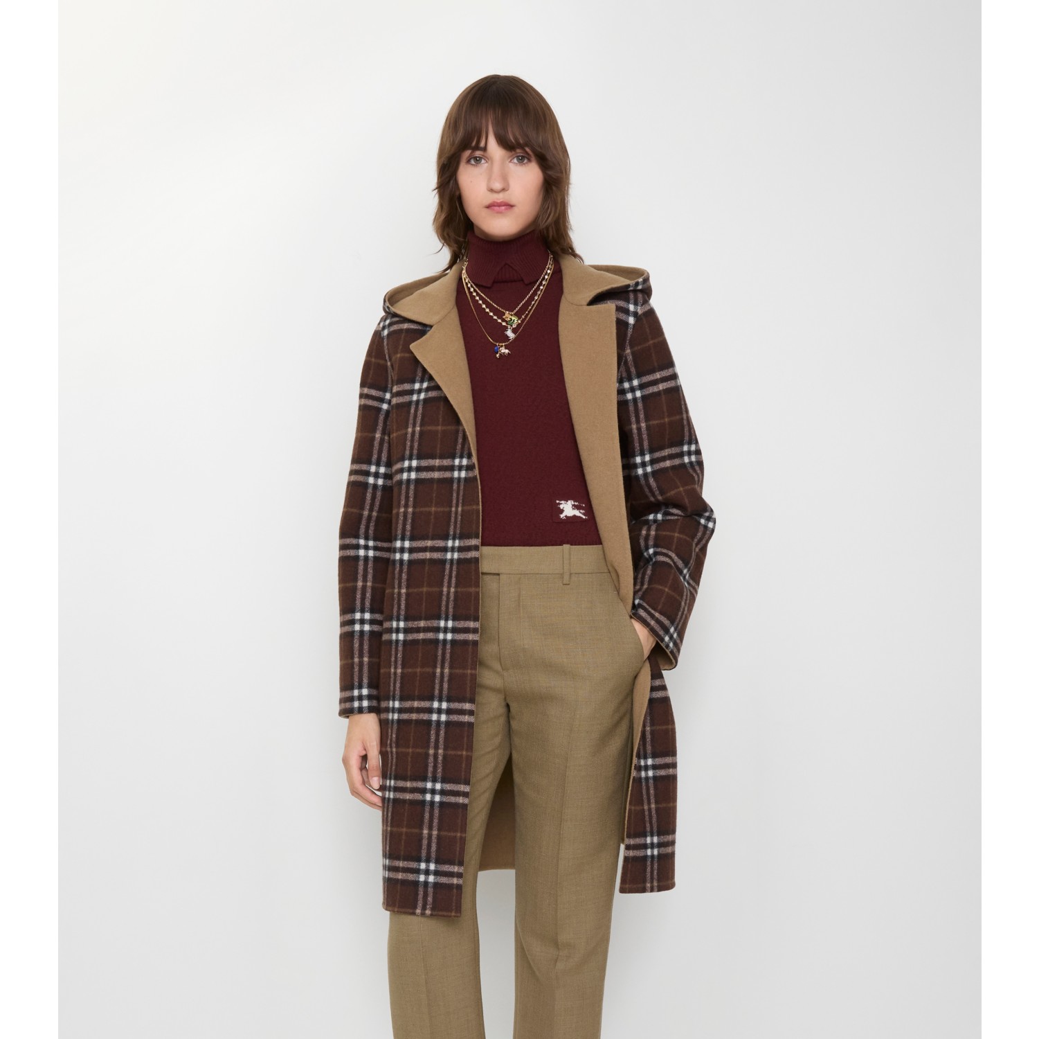 Reversible Wool Hooded Wrap Coat in Camel brown/treacle brown - Women | Burberry® Official