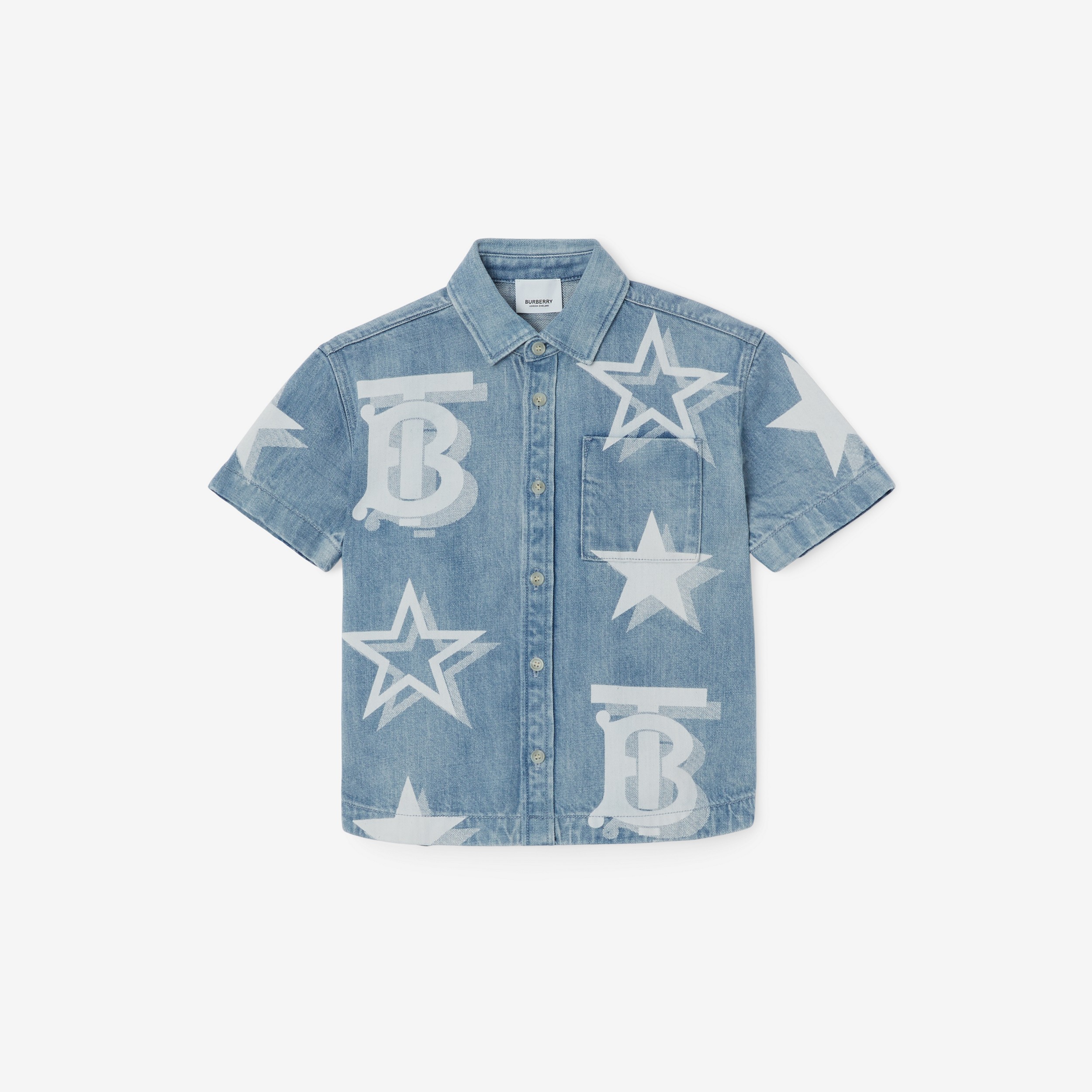 Short-sleeve Star and Monogram Motif Denim Shirt in Pale Blue | Burberry® Official - 1