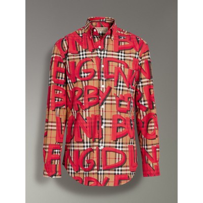 Burberry Graffiti Print Vintage Check Shirt In Bright Red