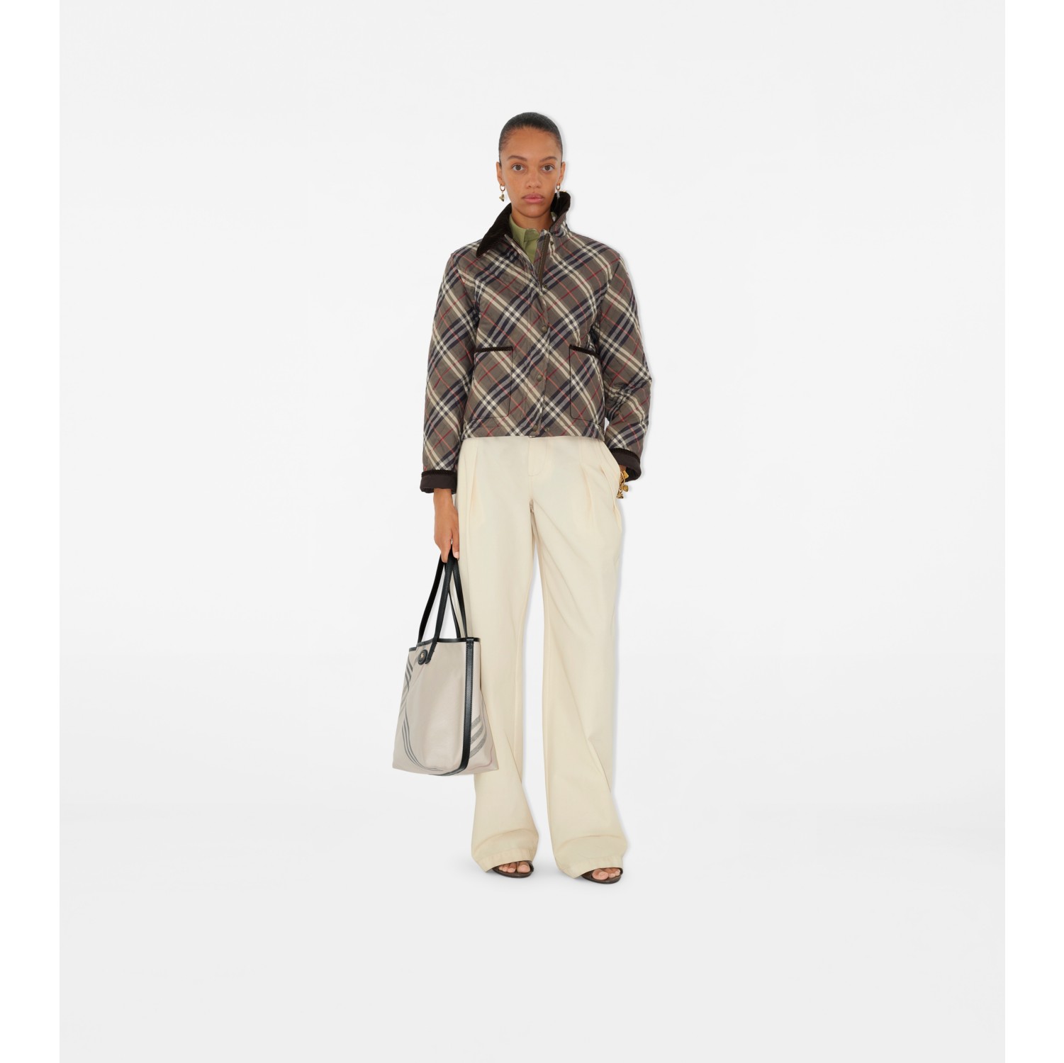 Cropped Check Quilted Cotton Jacket