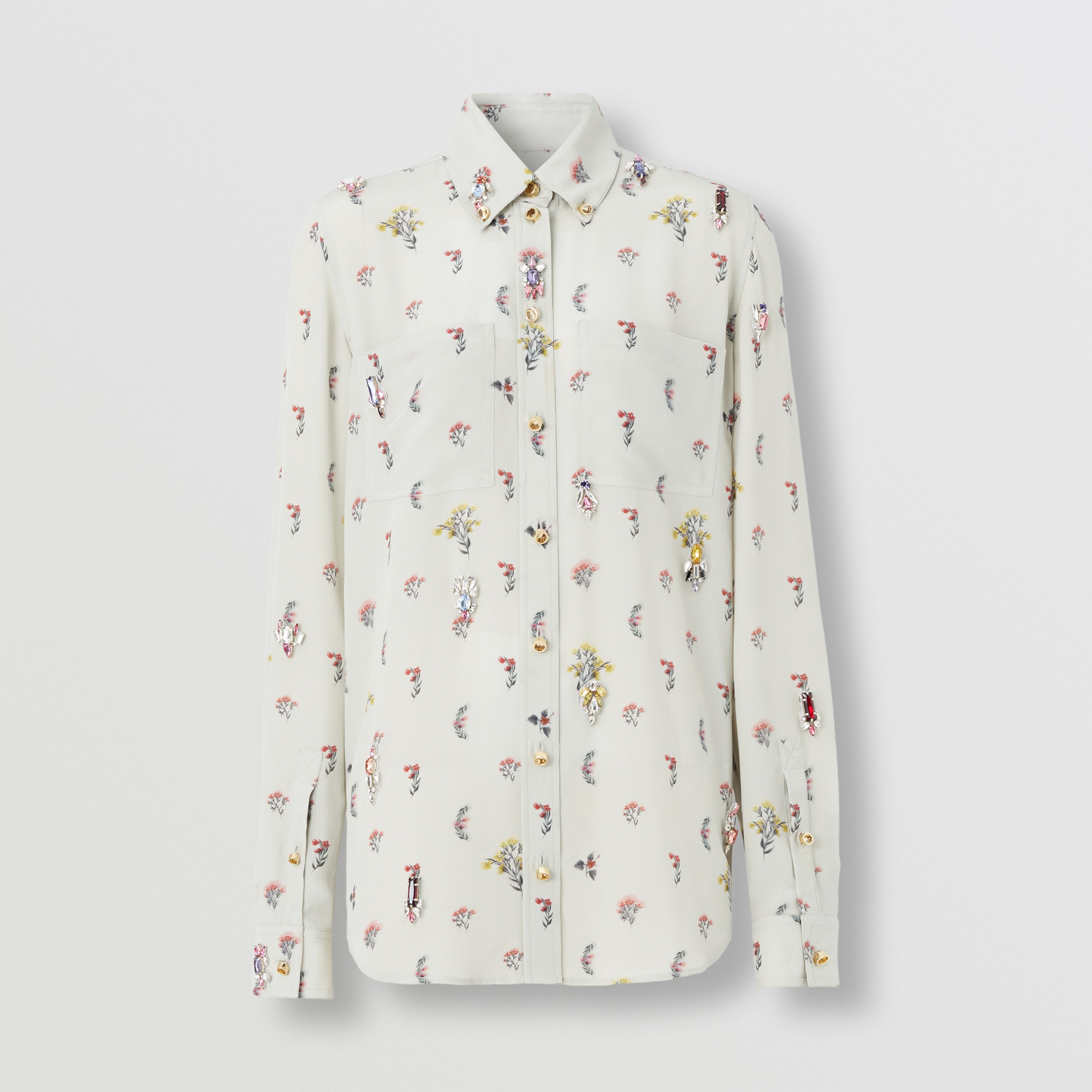 Crystal Floral Print Silk Crepe De Chine Shirt in Parchment Grey - Women | Burberry® Official - 4