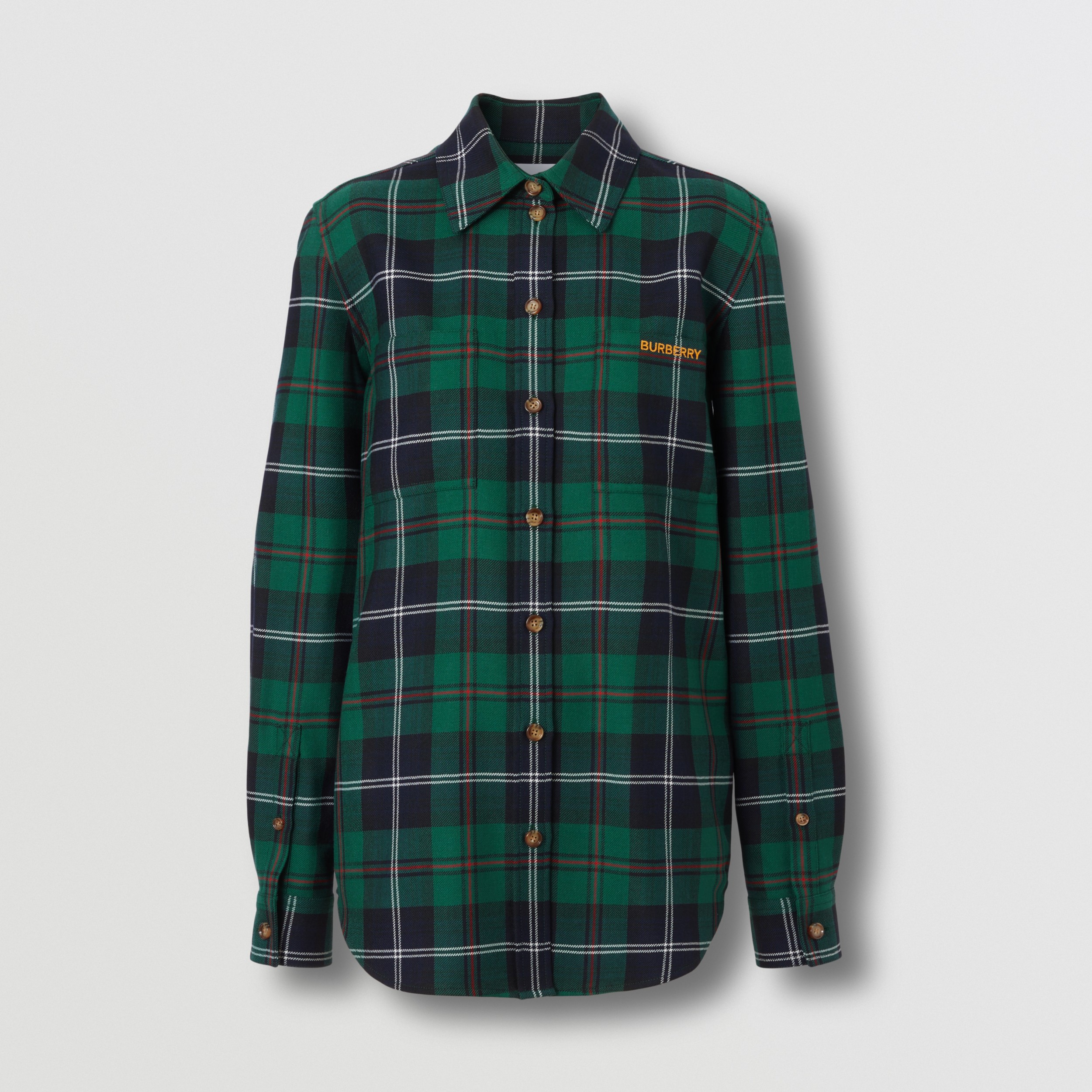 Embroidered Logo Check Wool Shirt in Dark Viridian Green - Women ...