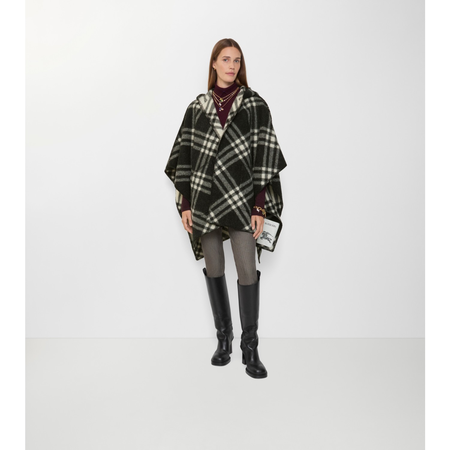 Reversible Check Wool Hooded Cape