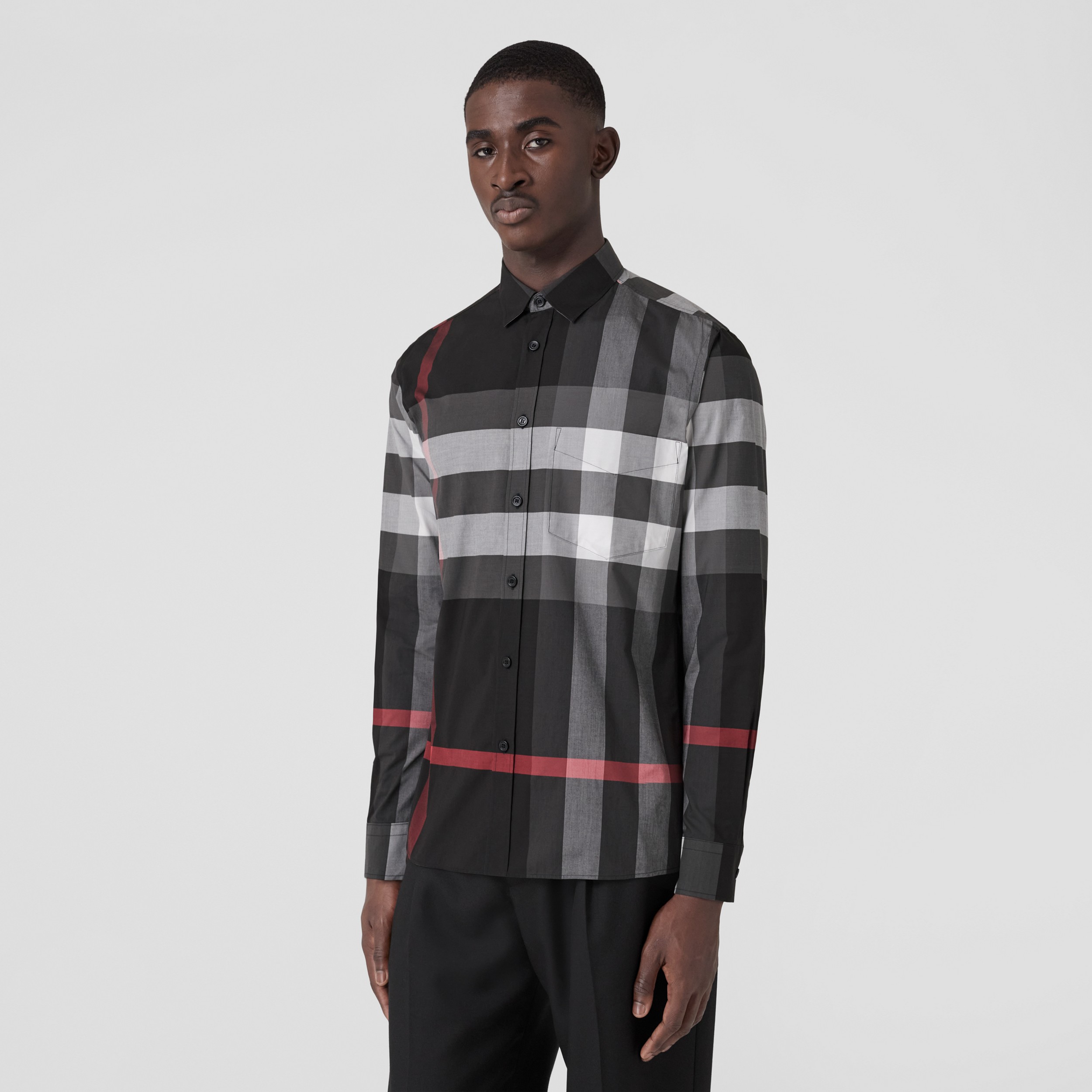 Check Stretch Cotton Poplin Shirt in Charcoal - Men | Burberry® Official - 4