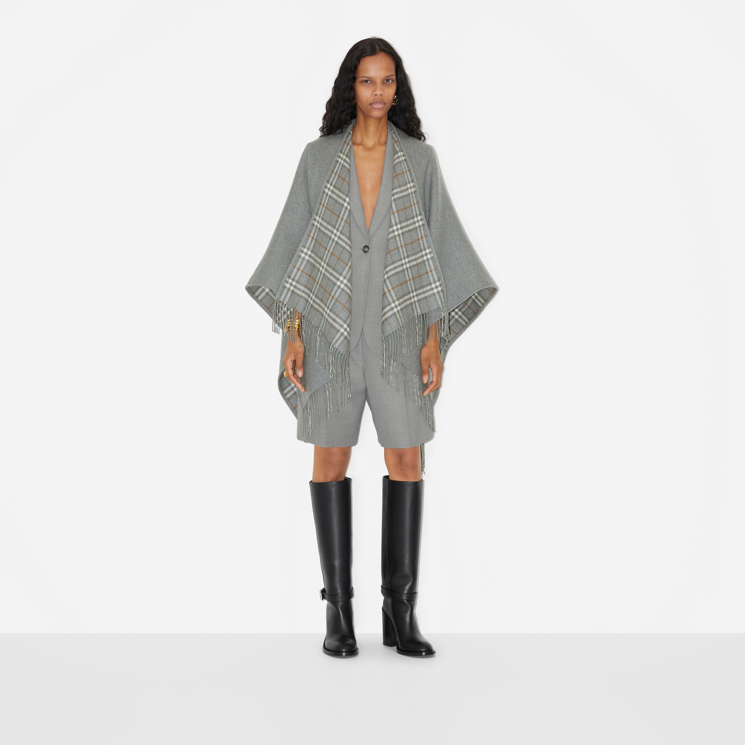Check Wool Reversible Cape in Grey - Women | Burberry® Official - 2