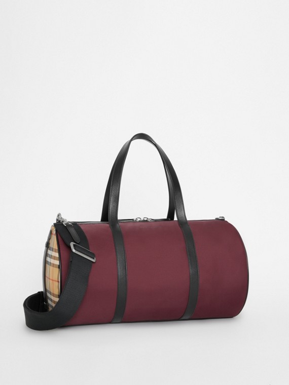 Men S Bags Duffle Briefcases Tote More Burberry Medium Nylon And Vintage Check Barrel Bag In Oxblood