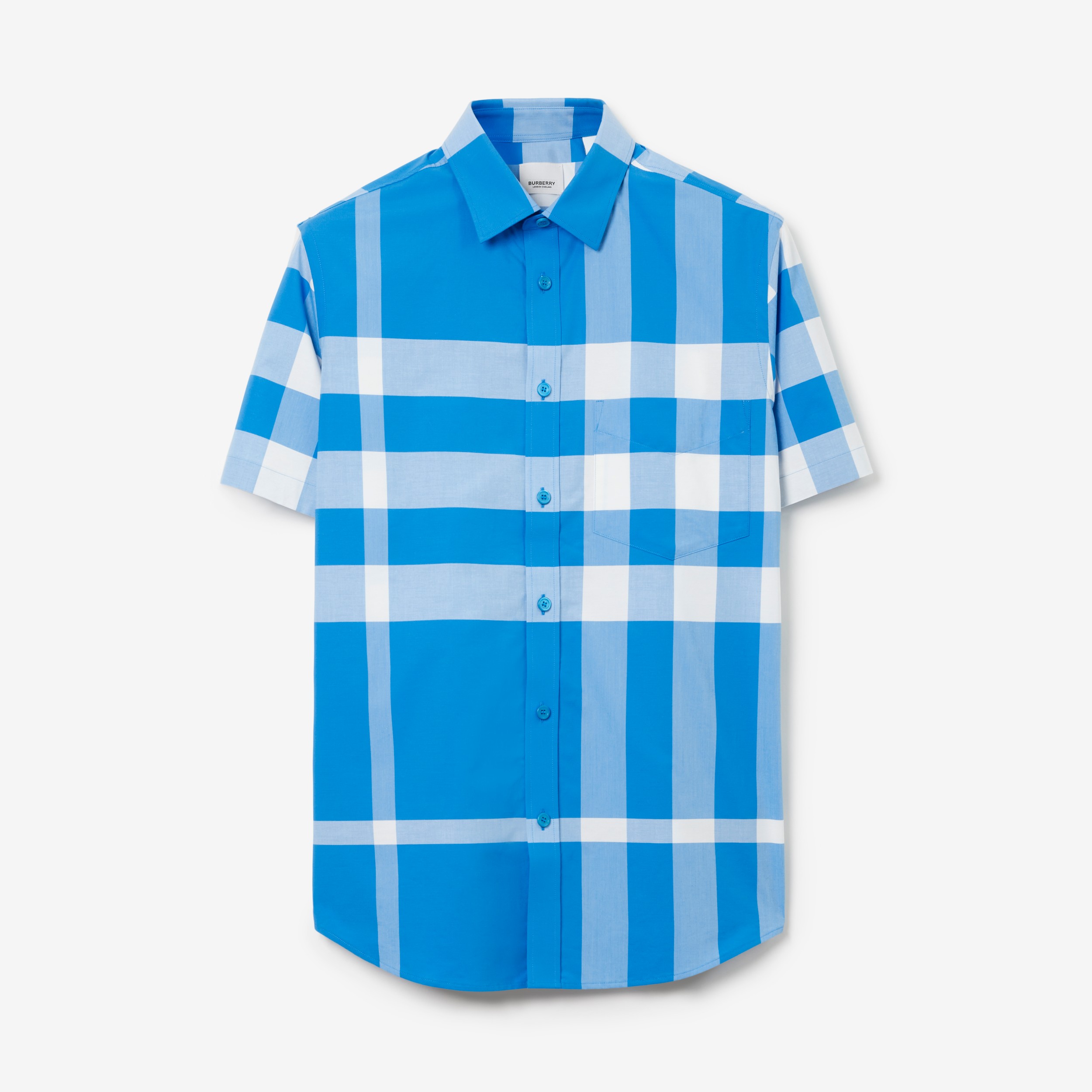 Camisa manga corta en popelina de algodón elástico a cuadros (Azul - Hombre | oficial