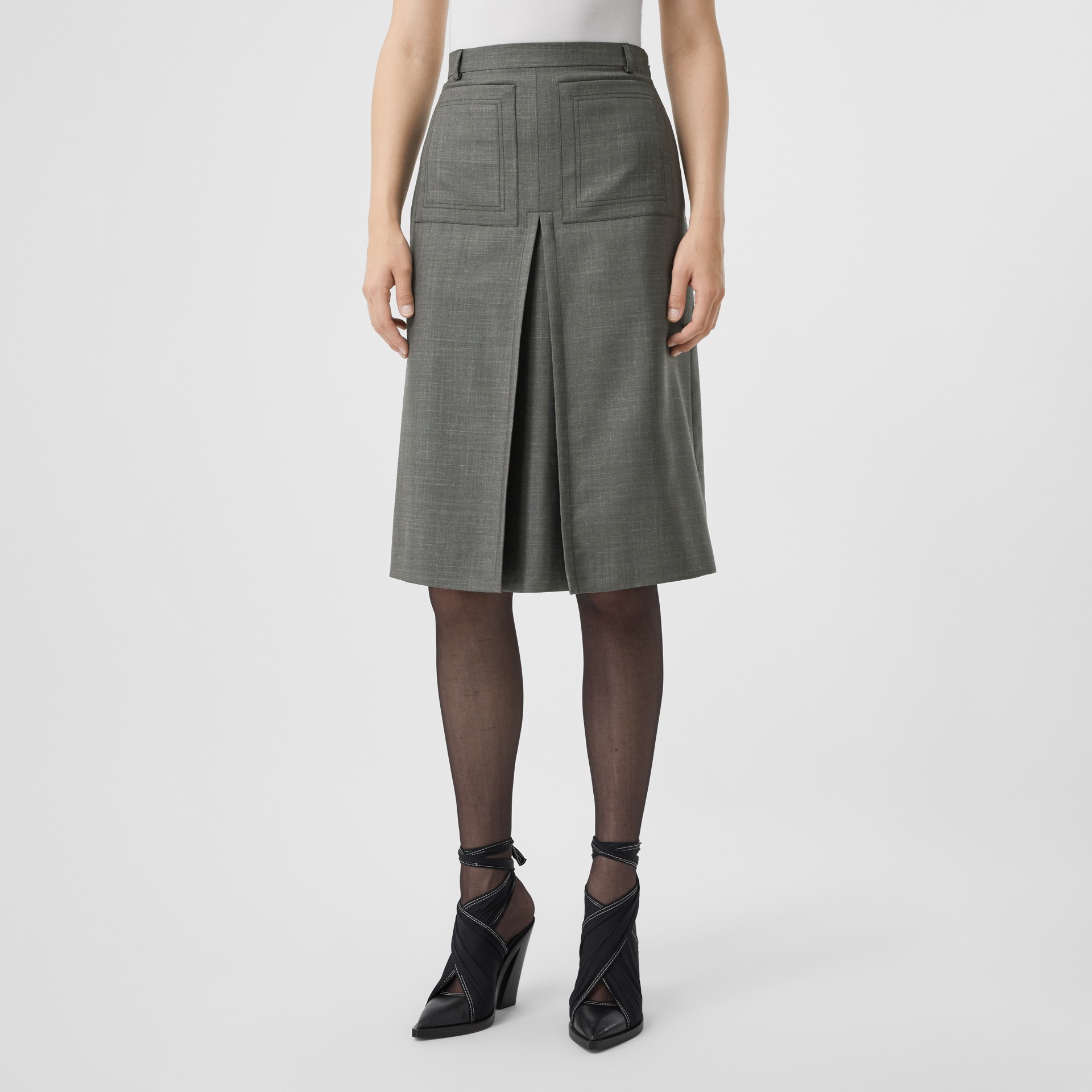 Box-pleat Detail Wool Silk Blend A-line Skirt in Charcoal Grey - Women ...