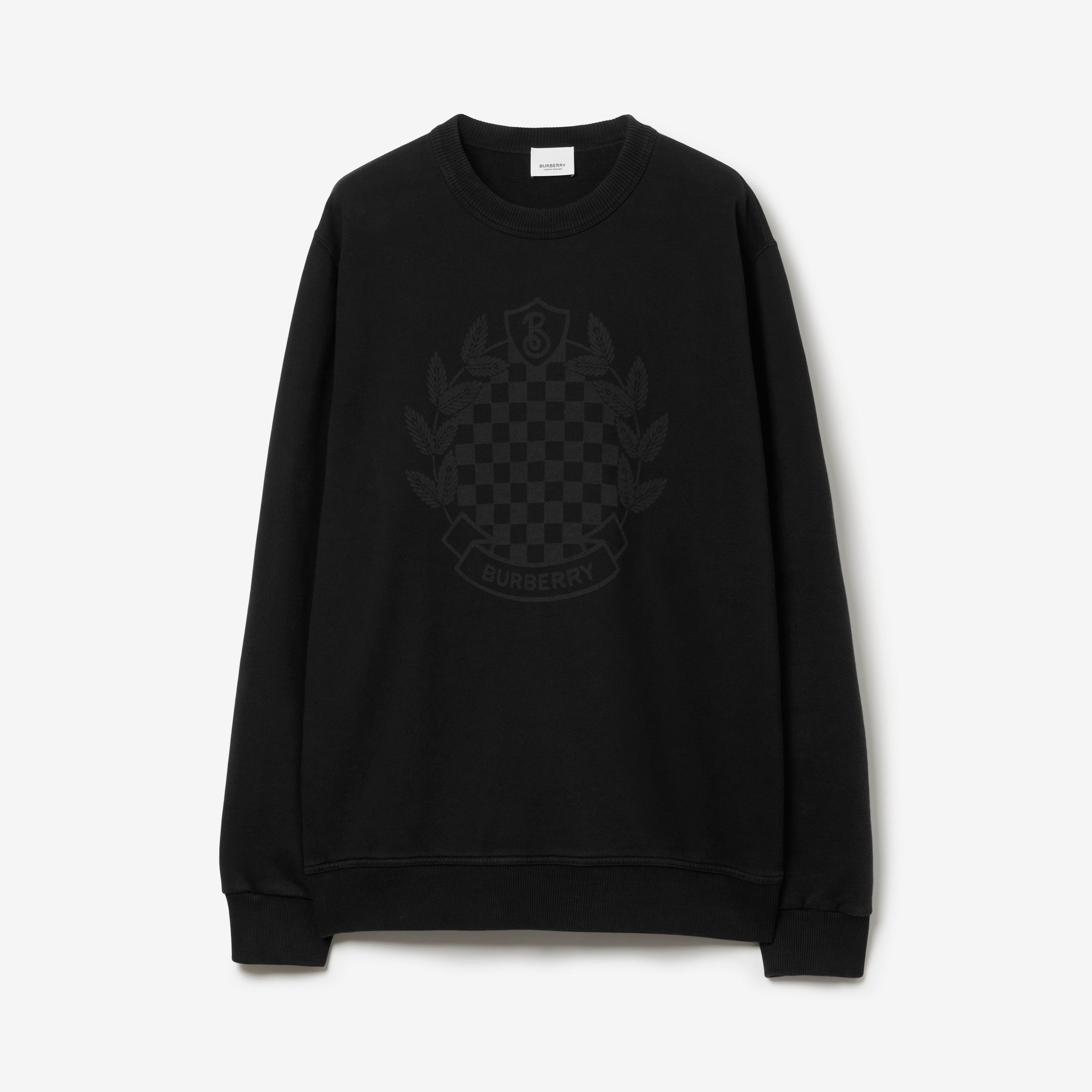 Chequered Crest Cotton Sweatshirt in Black - Men | Burberry® Official - 1