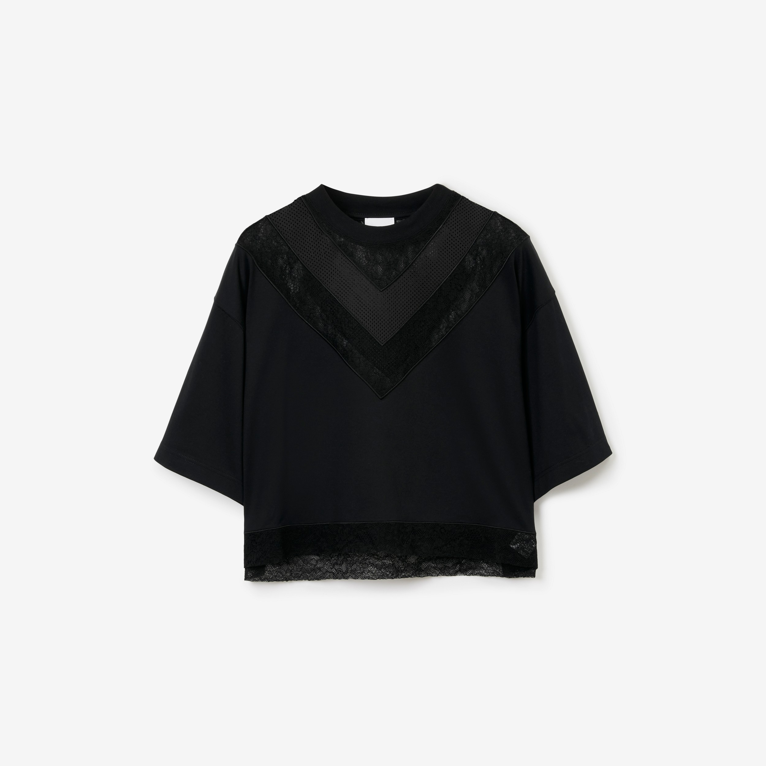 Lace and Mesh Panel Cotton Cropped Top in Black - Women | Burberry® Official - 1