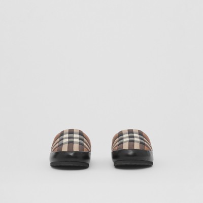 Check Nylon and Lambskin Slippers in Birch Brown - Men | Burberry 