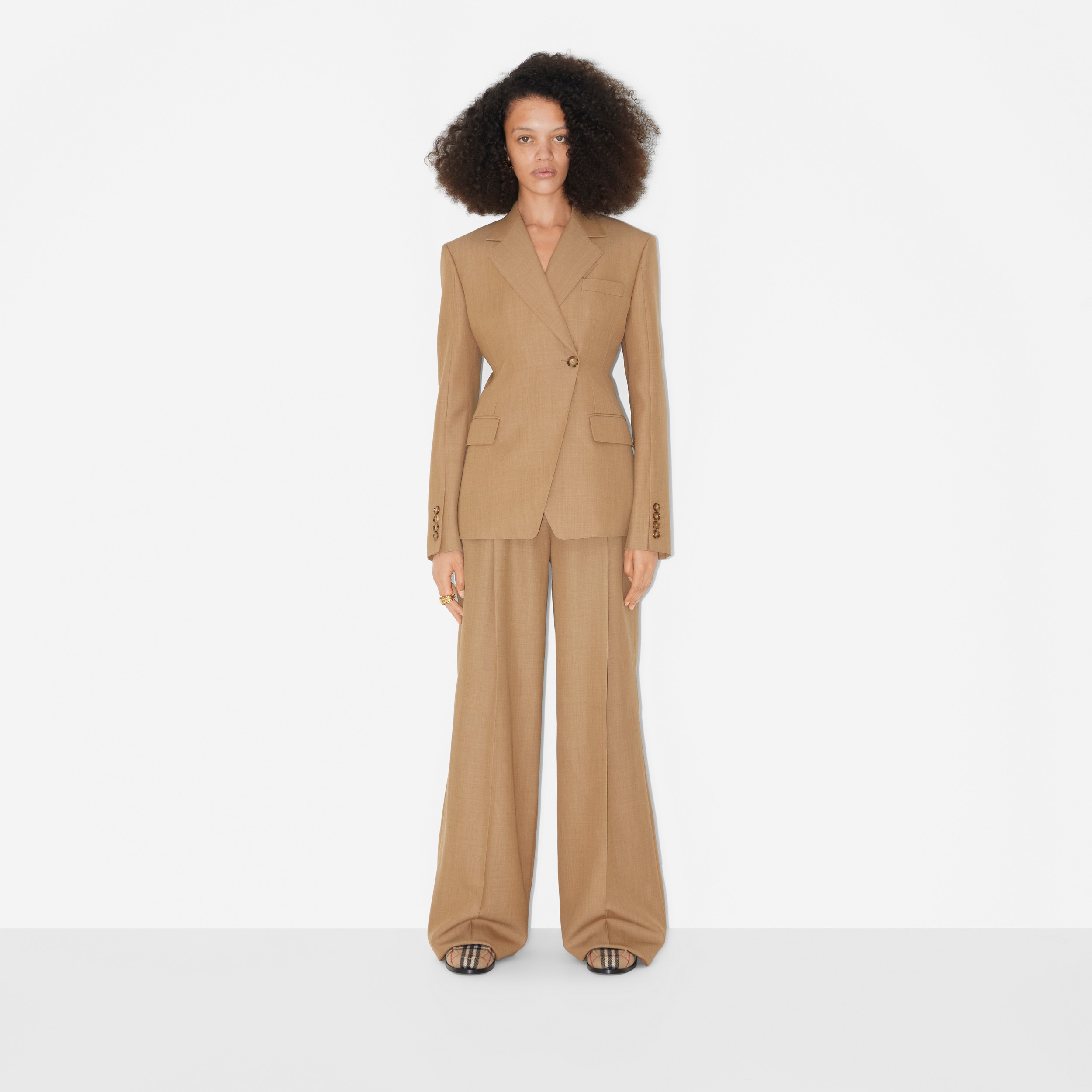 Calças estilo pantalona de lã com pregas (Camel Mesclado) - Mulheres | Burberry® oficial - 2