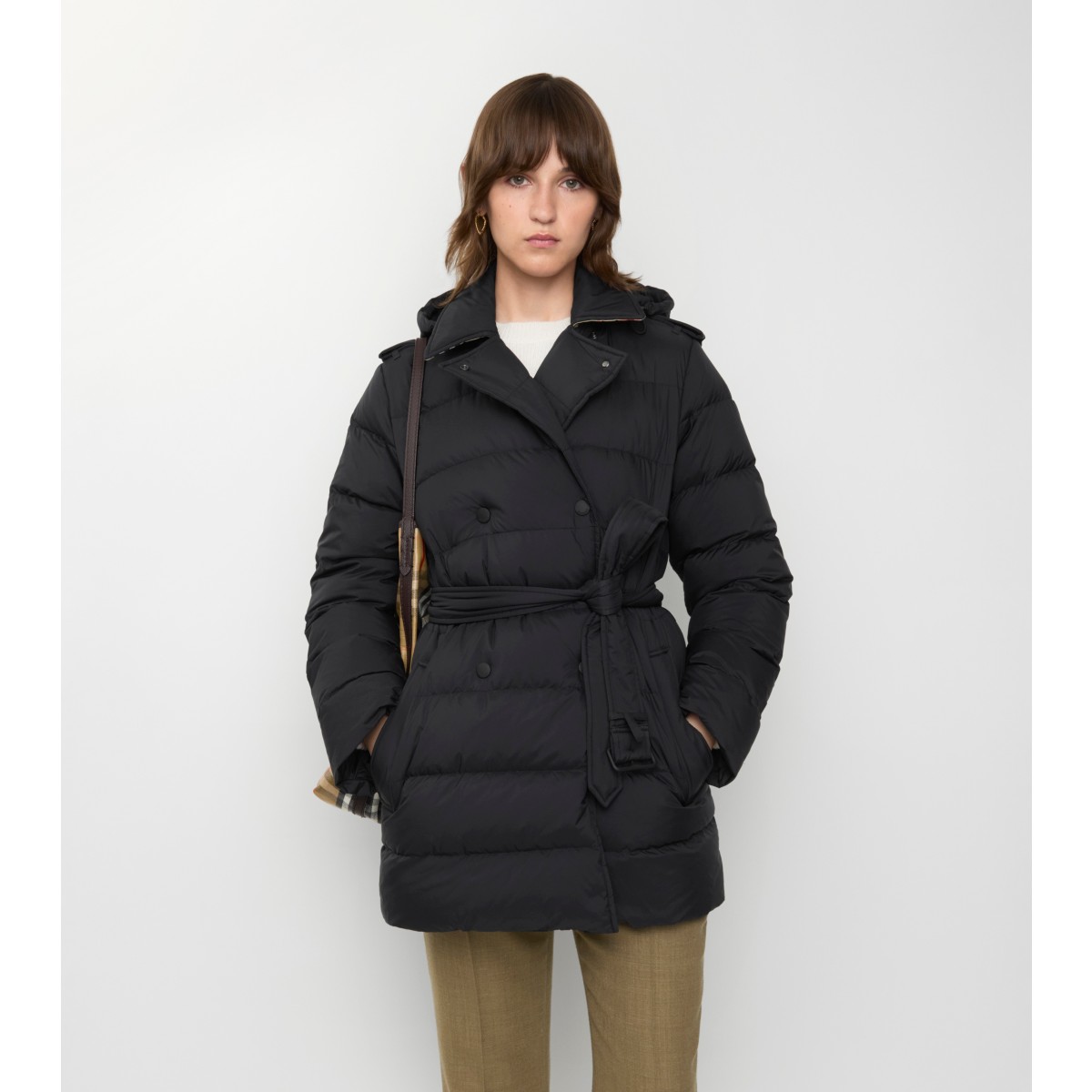  Check Short Nylon Hooded Puffer Coat