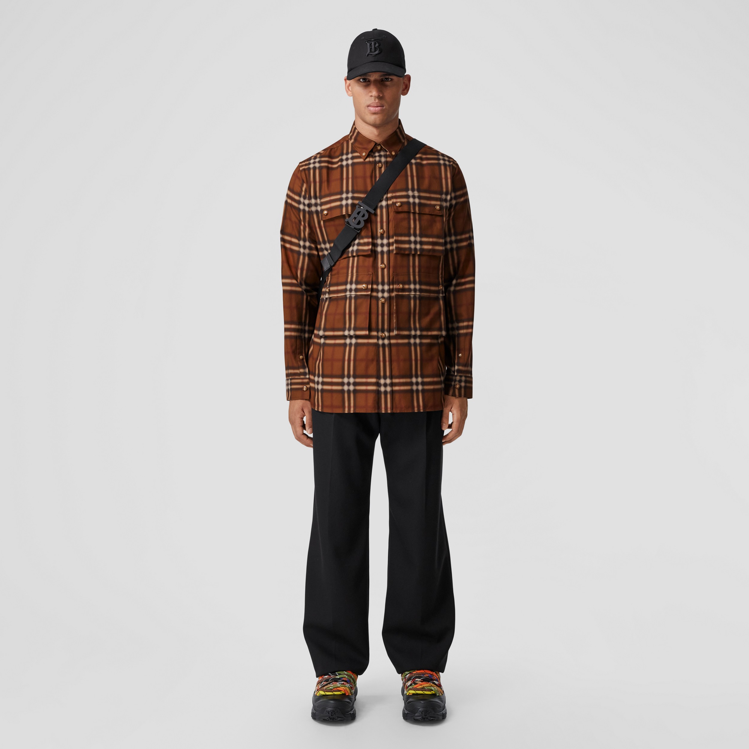 Blurred Check Cotton Shirt in Dark Birch Brown - Men | Burberry® Official - 1