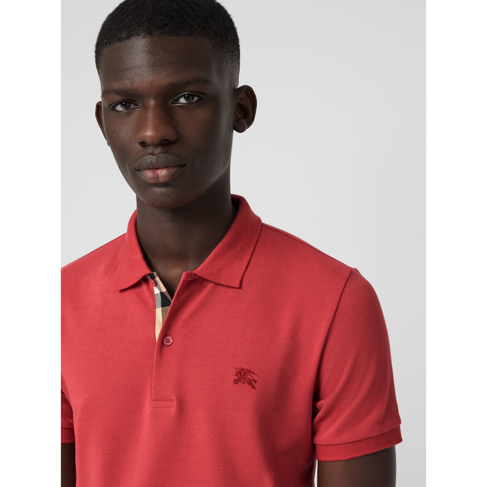 Check Placket Cotton Piqué Polo Shirt in Coral Red - Men | Burberry ...