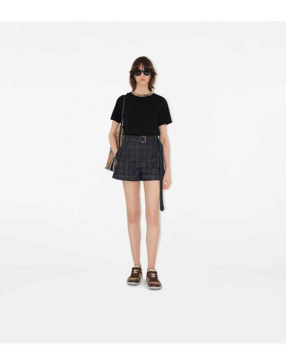 Belted Check Denim Shorts