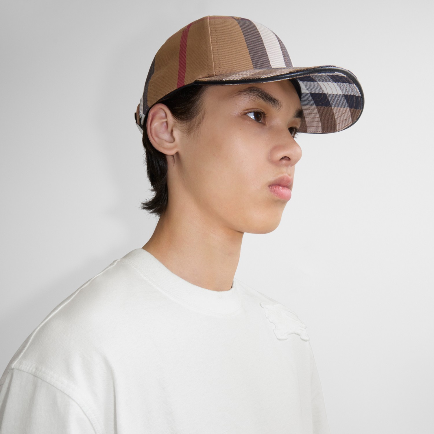 Logo Detail Exaggerated Check Cotton Baseball Cap in Birch Logo Detail Exaggerated Check Cotton Baseball Cap in Birch