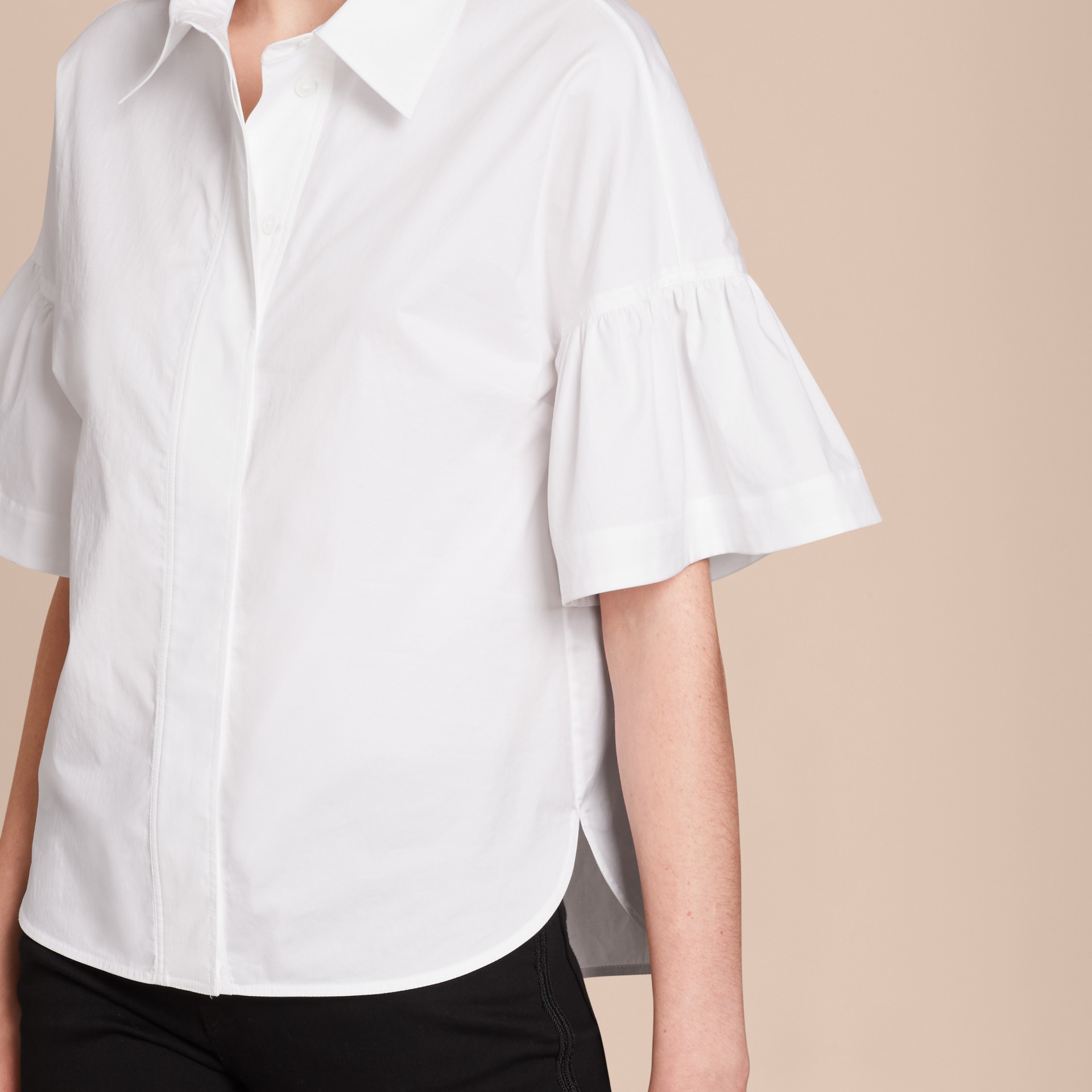 Stretch Cotton Shirt with Ruched Sleeves in White - Women | Burberry ...