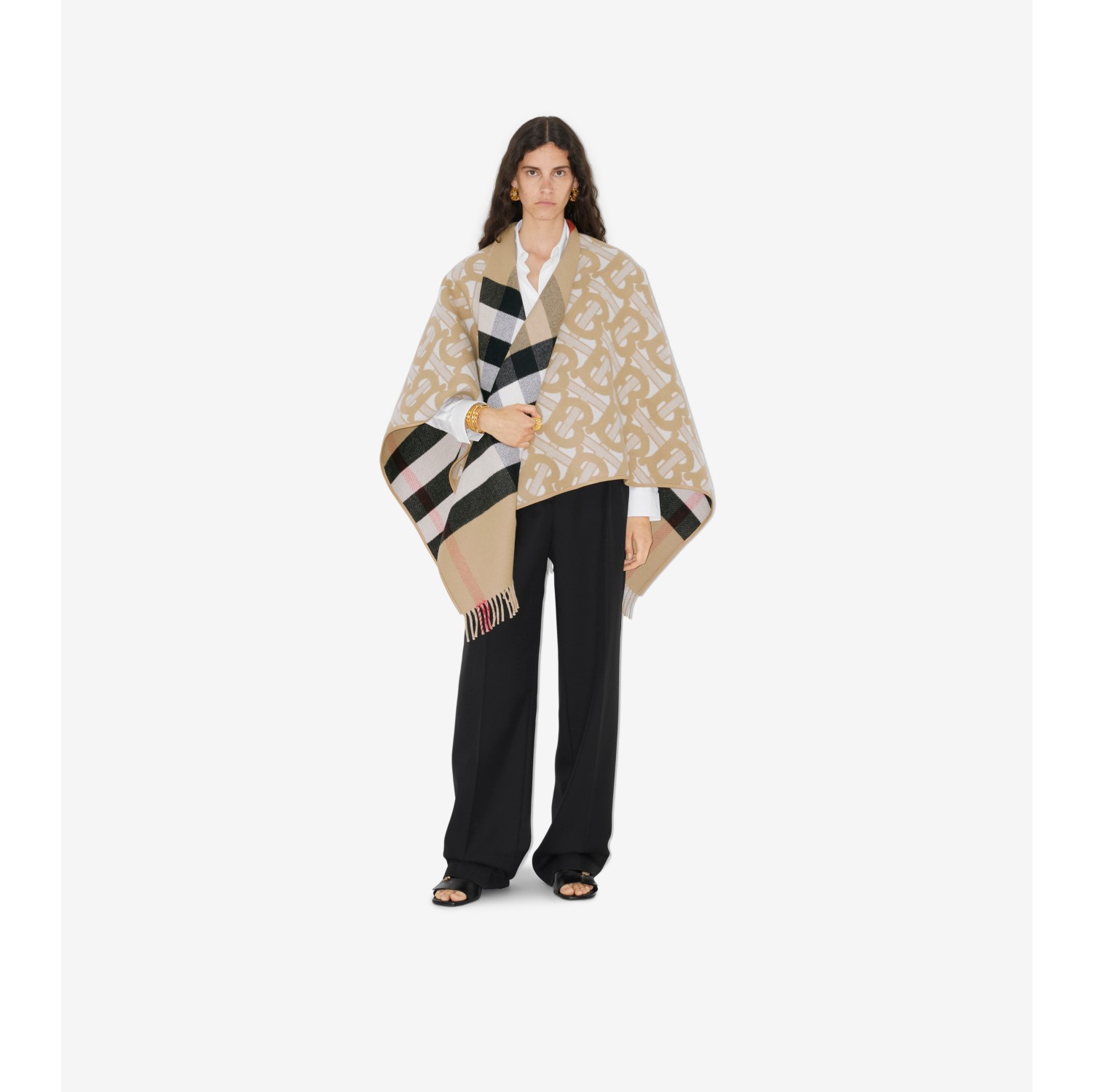 Monogram Wool Cashmere Reversible Cape in Archive Beige