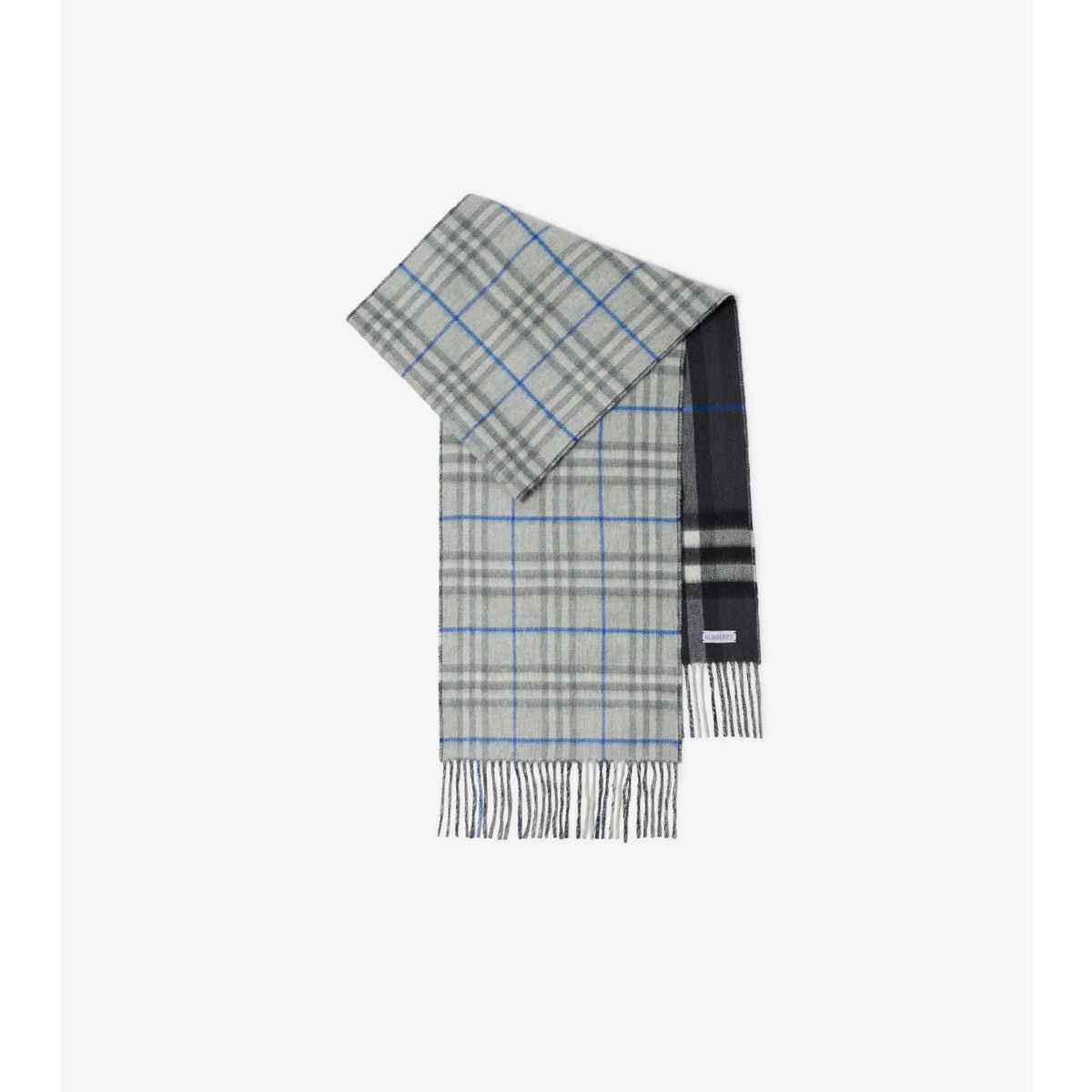 Shop Burberry Reversible Check Cashmere Scarf In Grey/off Black