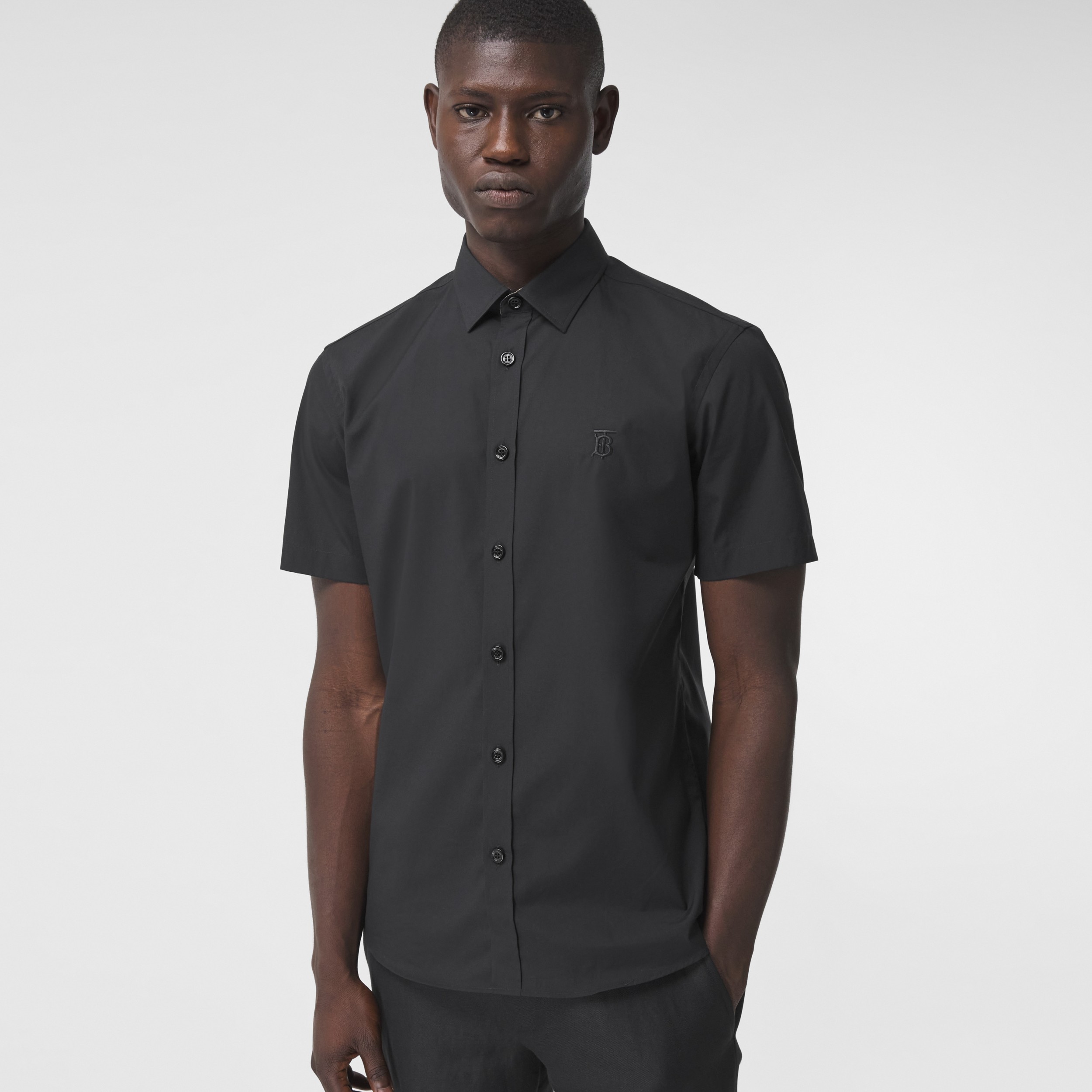 Short-sleeve Monogram Motif Stretch Cotton Shirt in Black - Men | Burberry® Official - 4