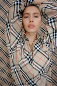 Iris Law wearing Burberry Classics Check Jacket in Sand