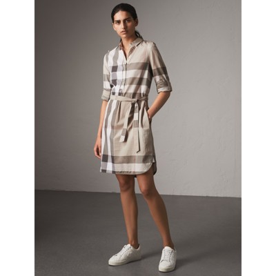 Check Cotton Shirt Dress in Pale Stone - Women | Burberry United States