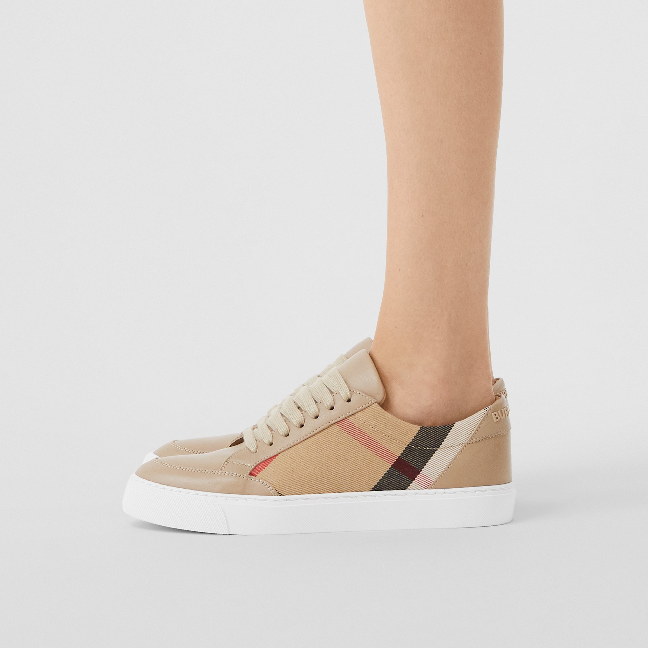 House Check Cotton and Leather Sneakers in Tan - Women | Burberry® Official - 3