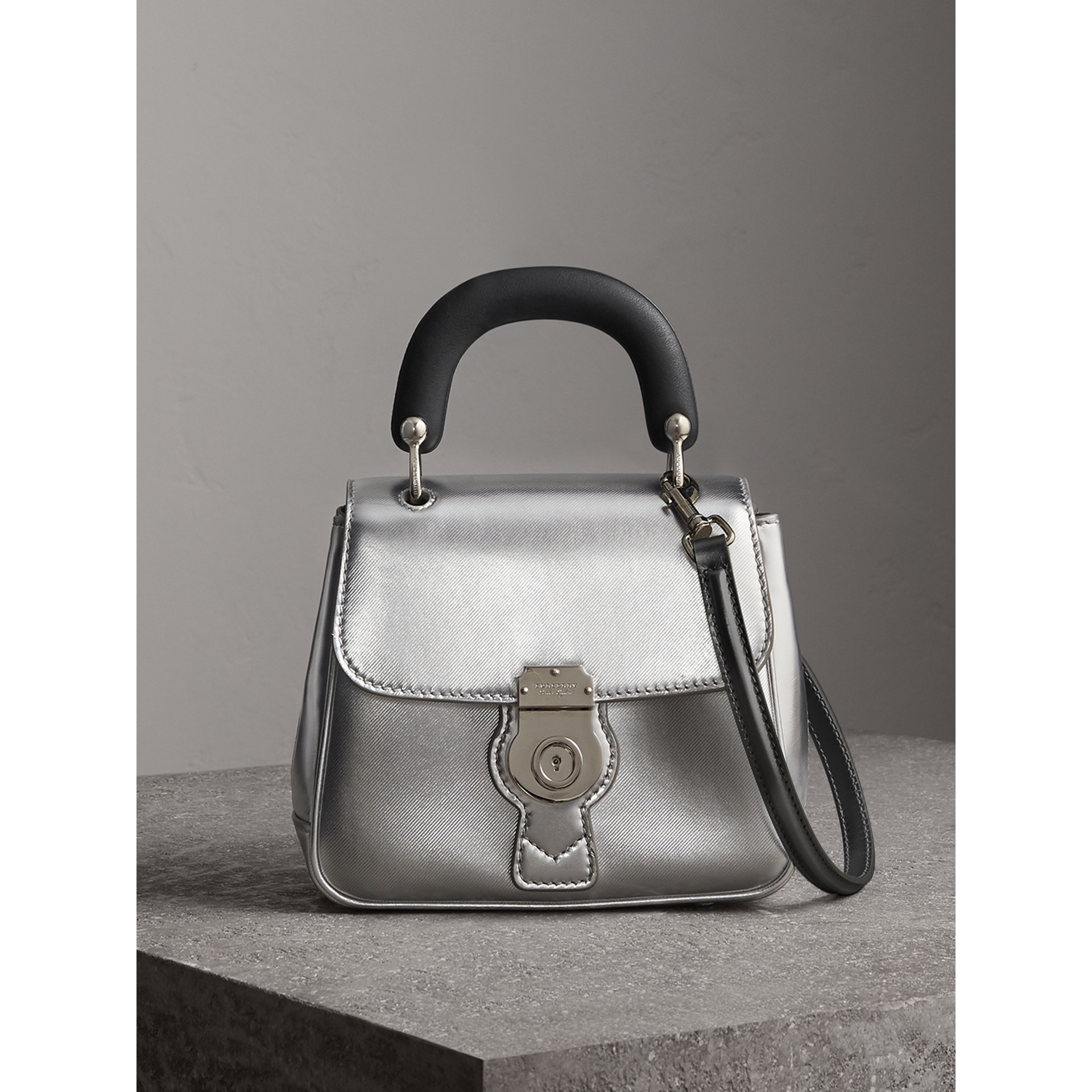 Burberry The Small Dk88 Top Handle Bag In Metallic Leather Silver Burberry The Small Dk88 Top Handle Bag In Metallic Leather Silver