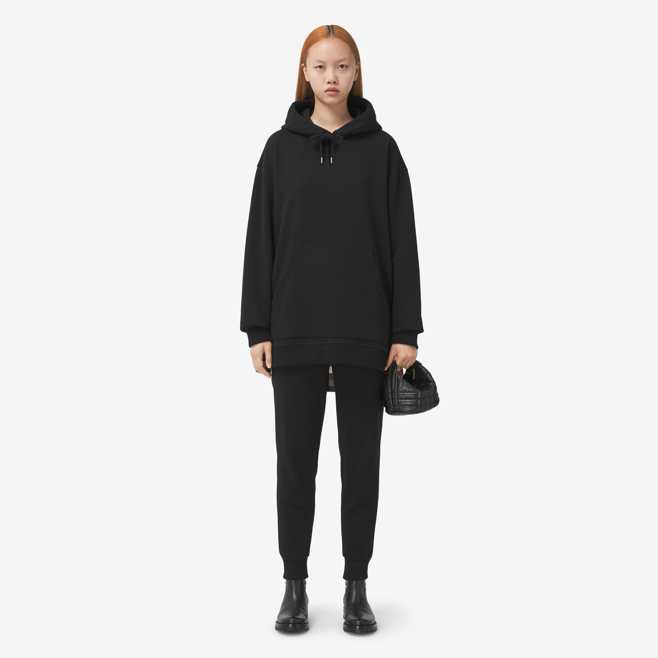 Check Panel Cotton Oversized Hoodie in Black - Women | Burberry® Official - 3