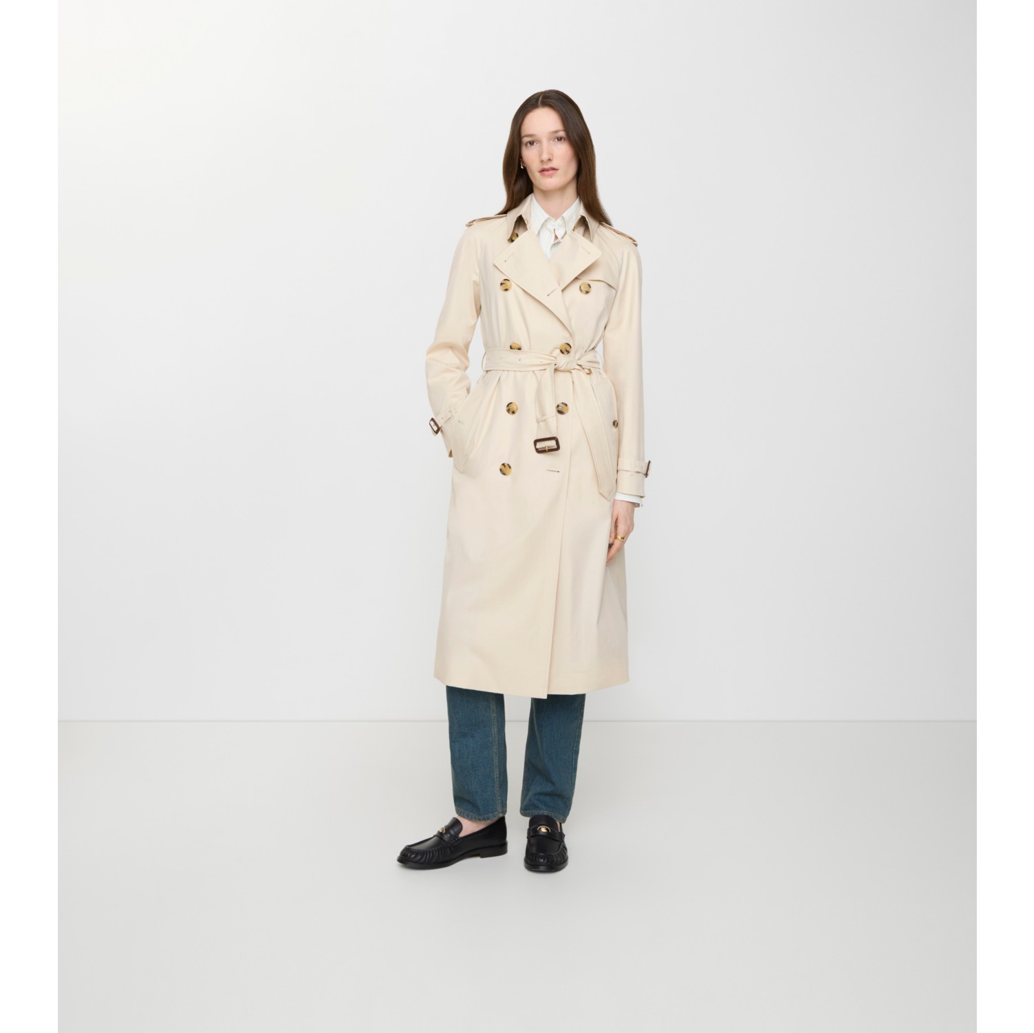 Long Tropical Gabardine Waterloo Trench Coat in Stone beige