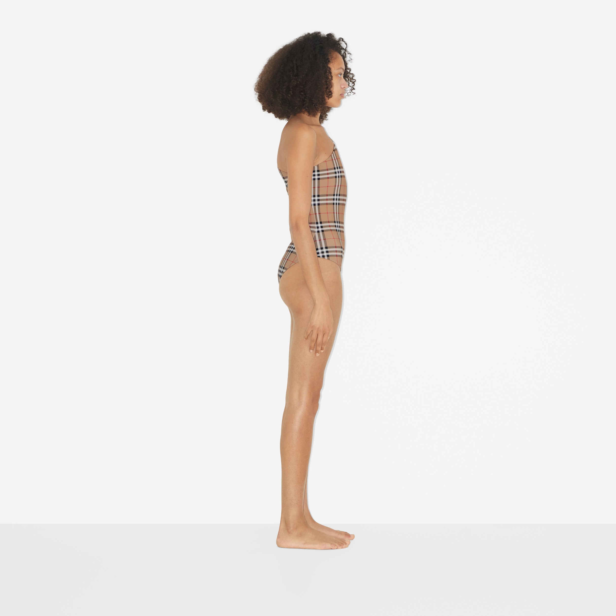 Check Stretch Nylon Asymmetric Swimsuit in Archive Beige - Women | Burberry® Official - 3