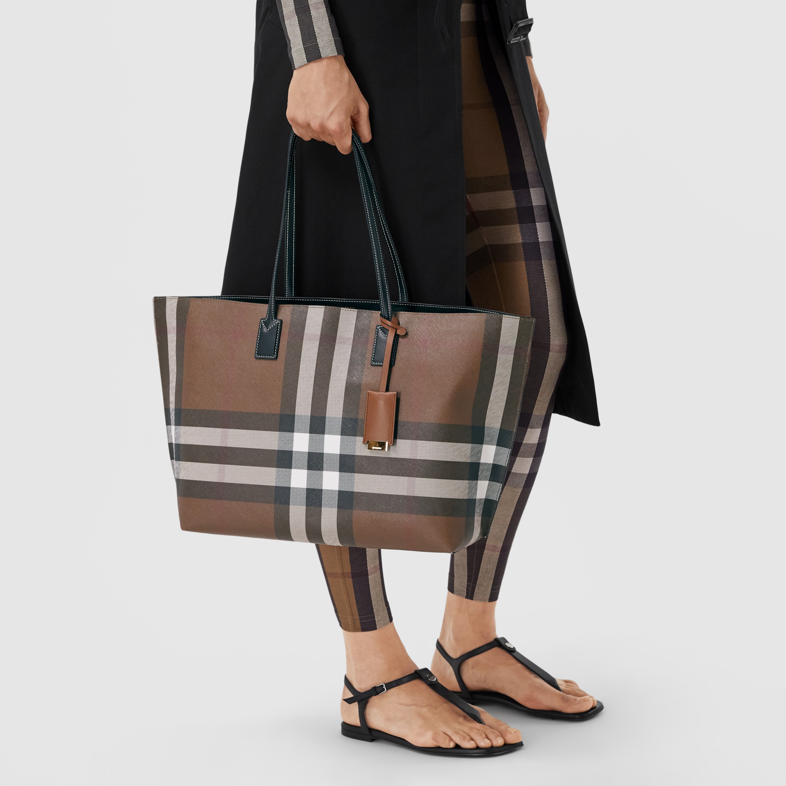 Check and Leather Medium Tote in Dark Birch Brown Burberry® Official