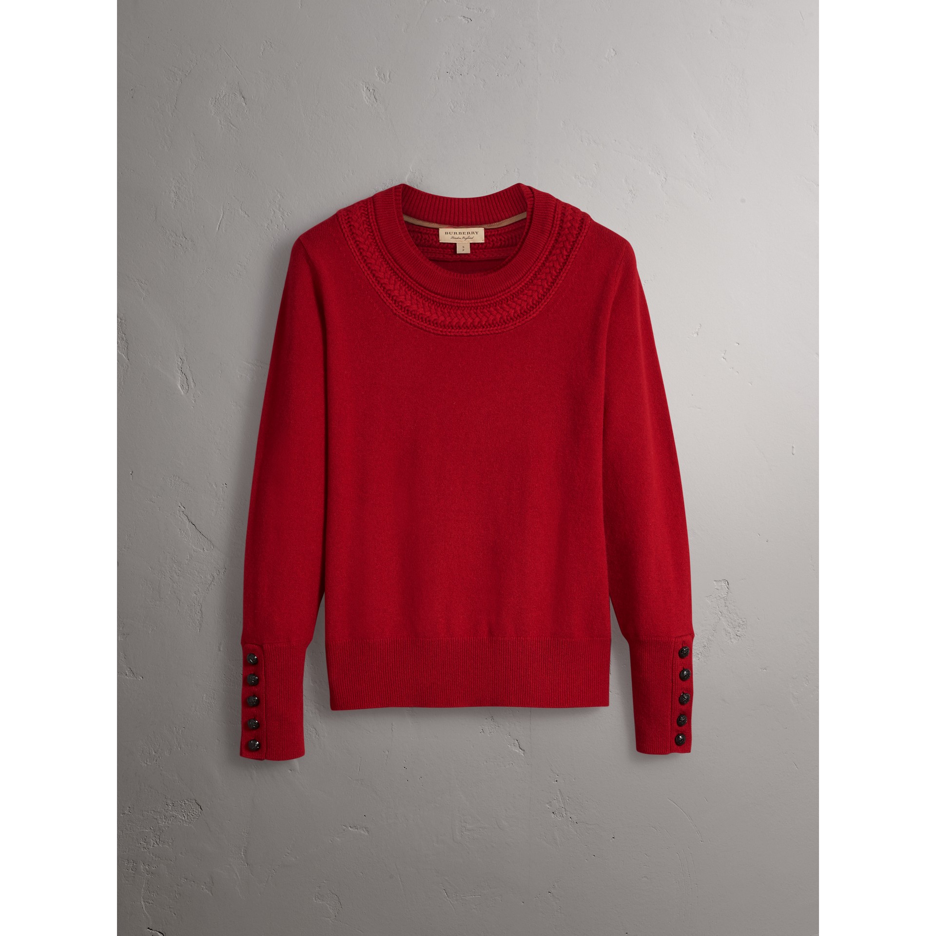 Cable Knit Yoke Cashmere Sweater in Military Red - Women ...