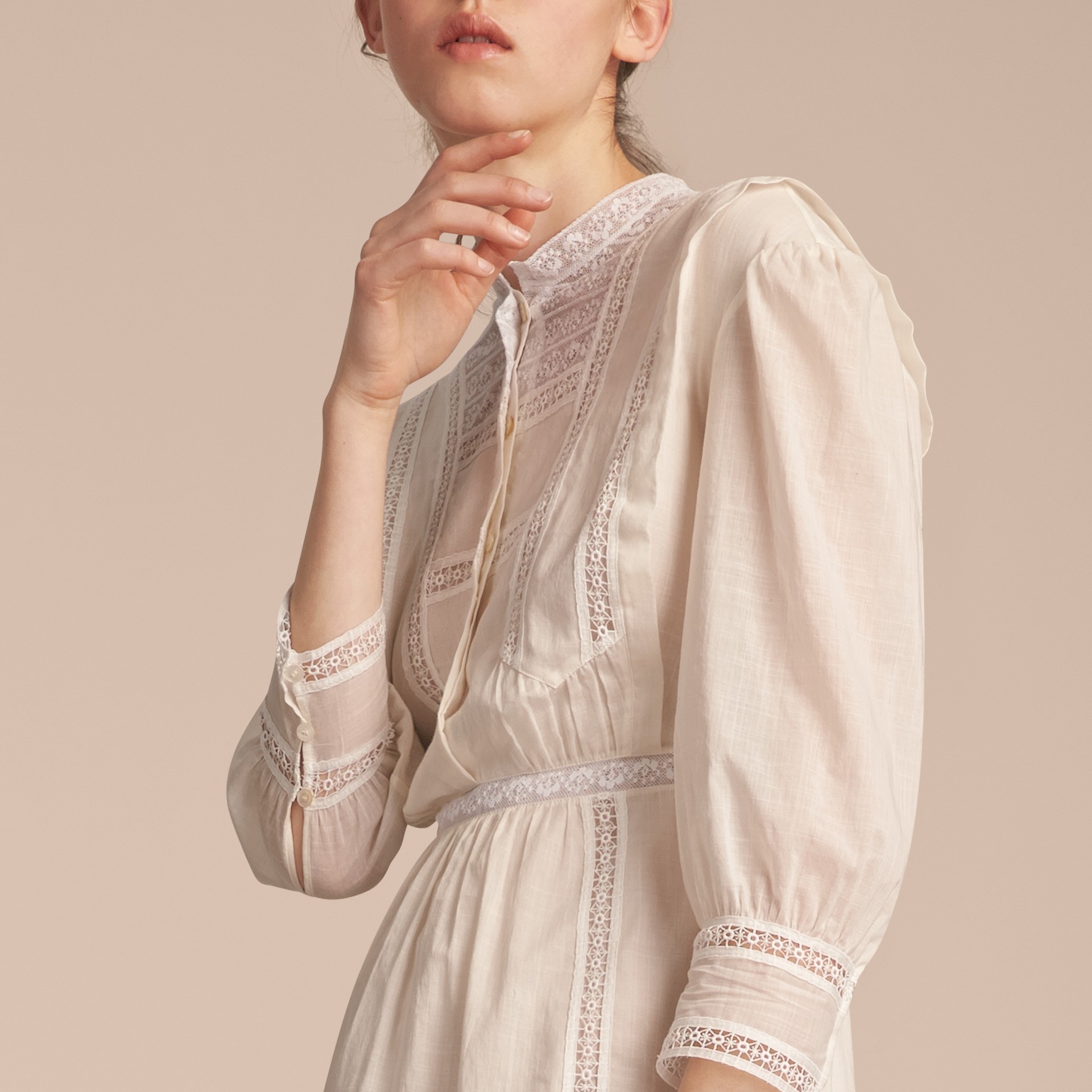 Lace Detail Cotton Voile Dress in Natural White - Women | Burberry ...