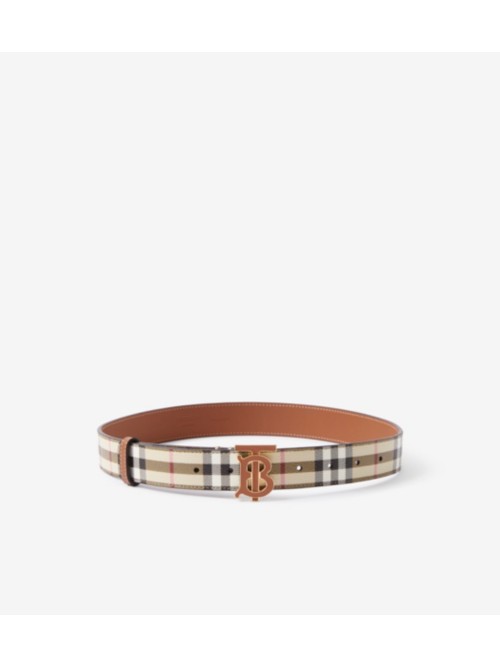 Burberry Check And Leather Tb Belt In Archive Beige/briar Brown