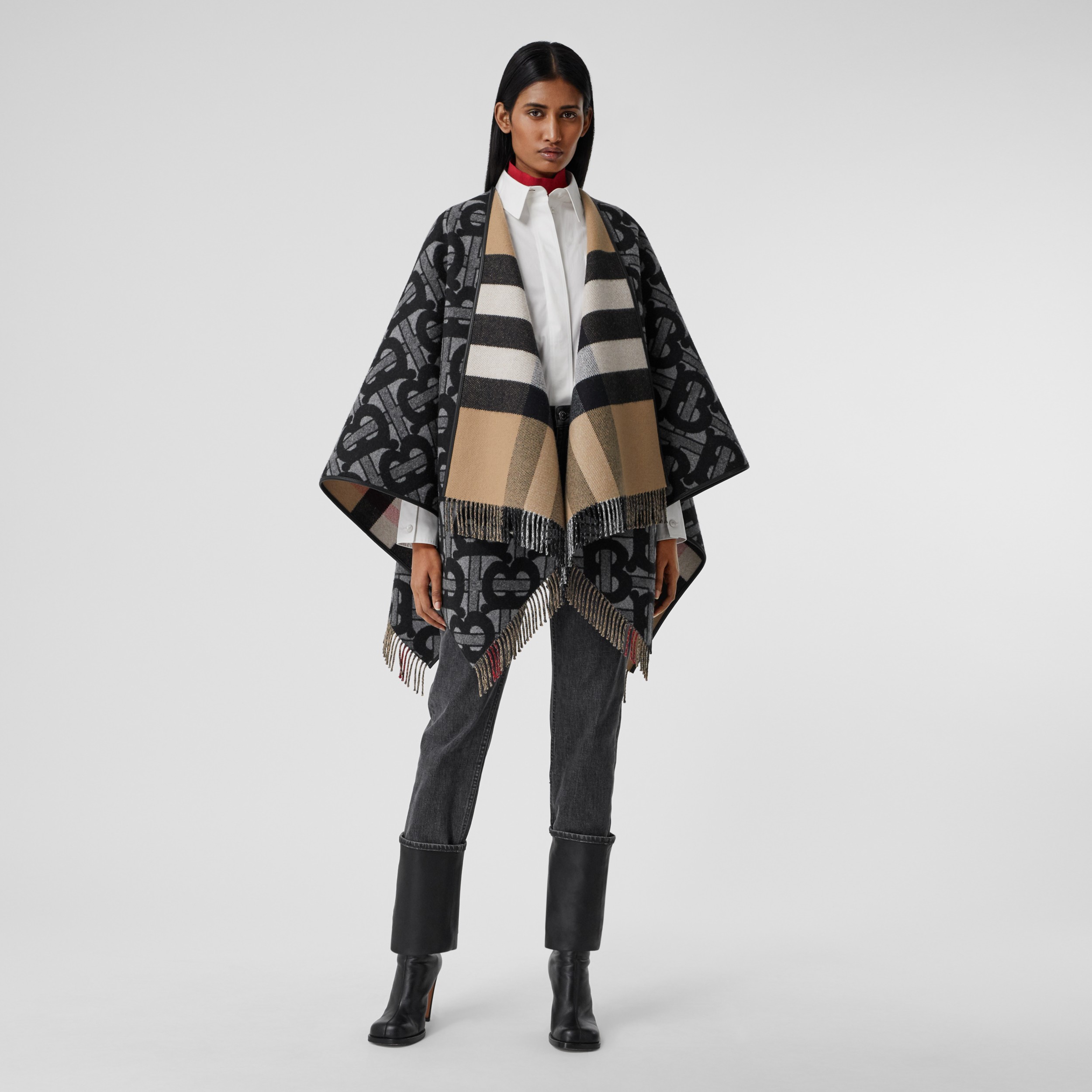 モノグラム ウールカシミア ジャカードケープ (グラファイト) - ウィメンズ | Burberry®公式サイト