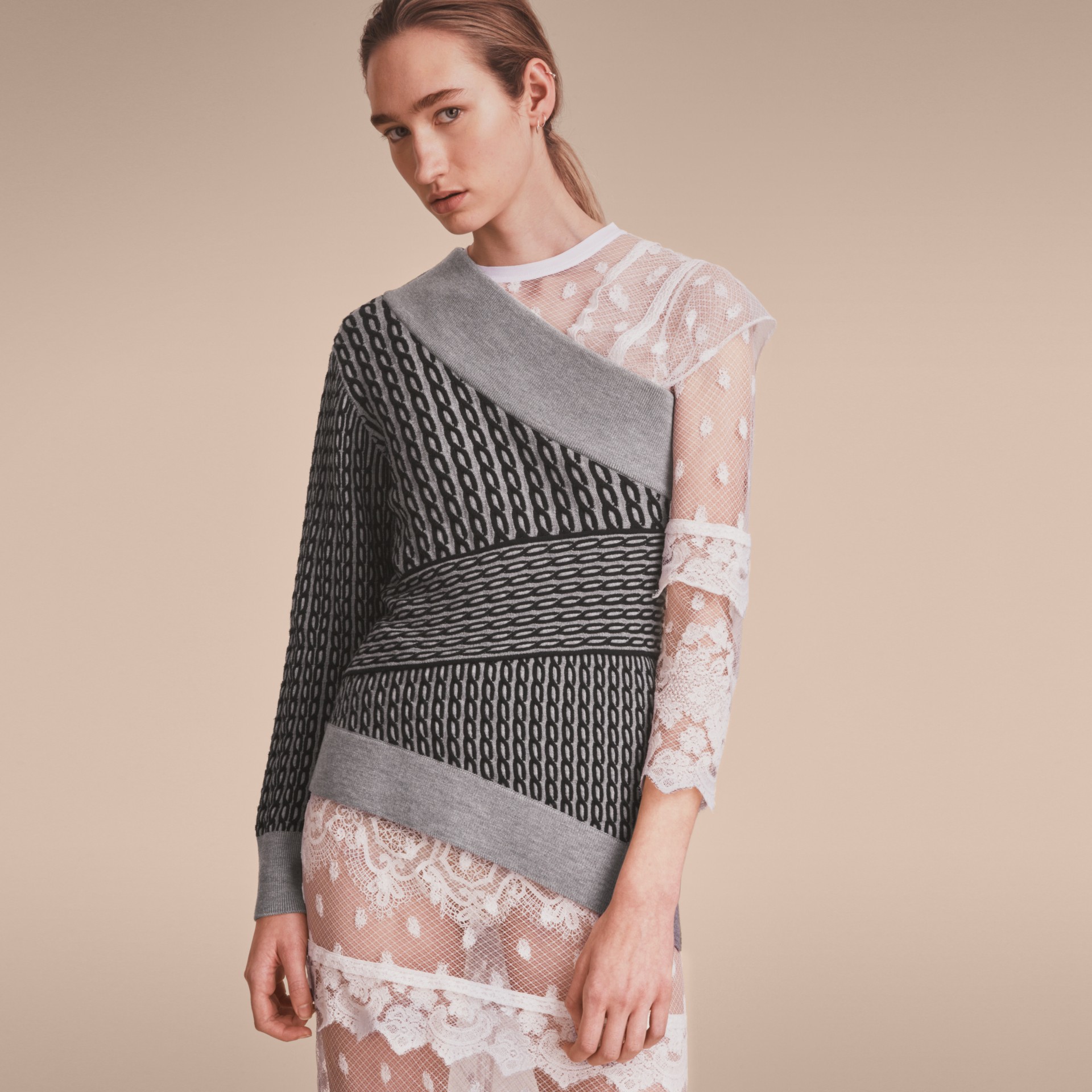 Cable Knit Wool Blend Oneshoulder Sweater in Grey Melange/black