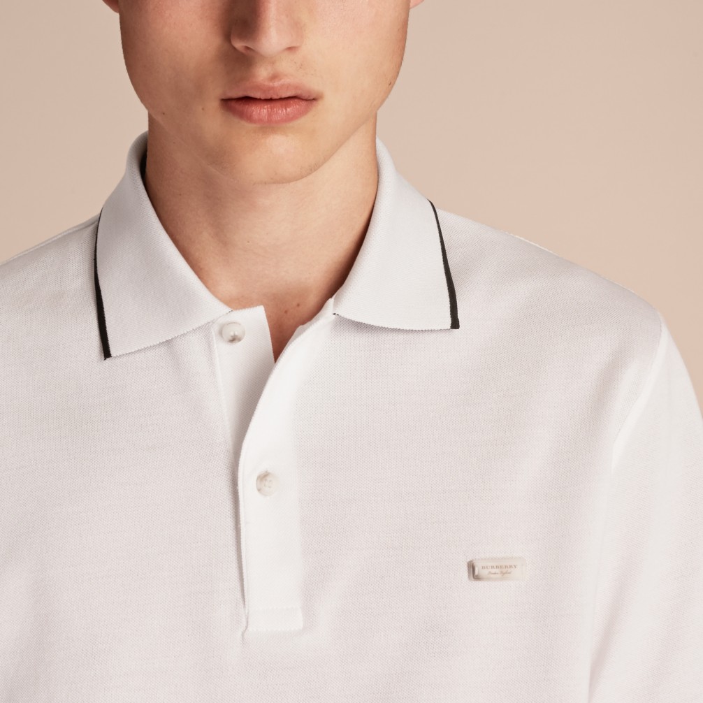 镶边衣领珠地网眼棉布 polo 衫 (白色) - 男士 | burberry 博柏利