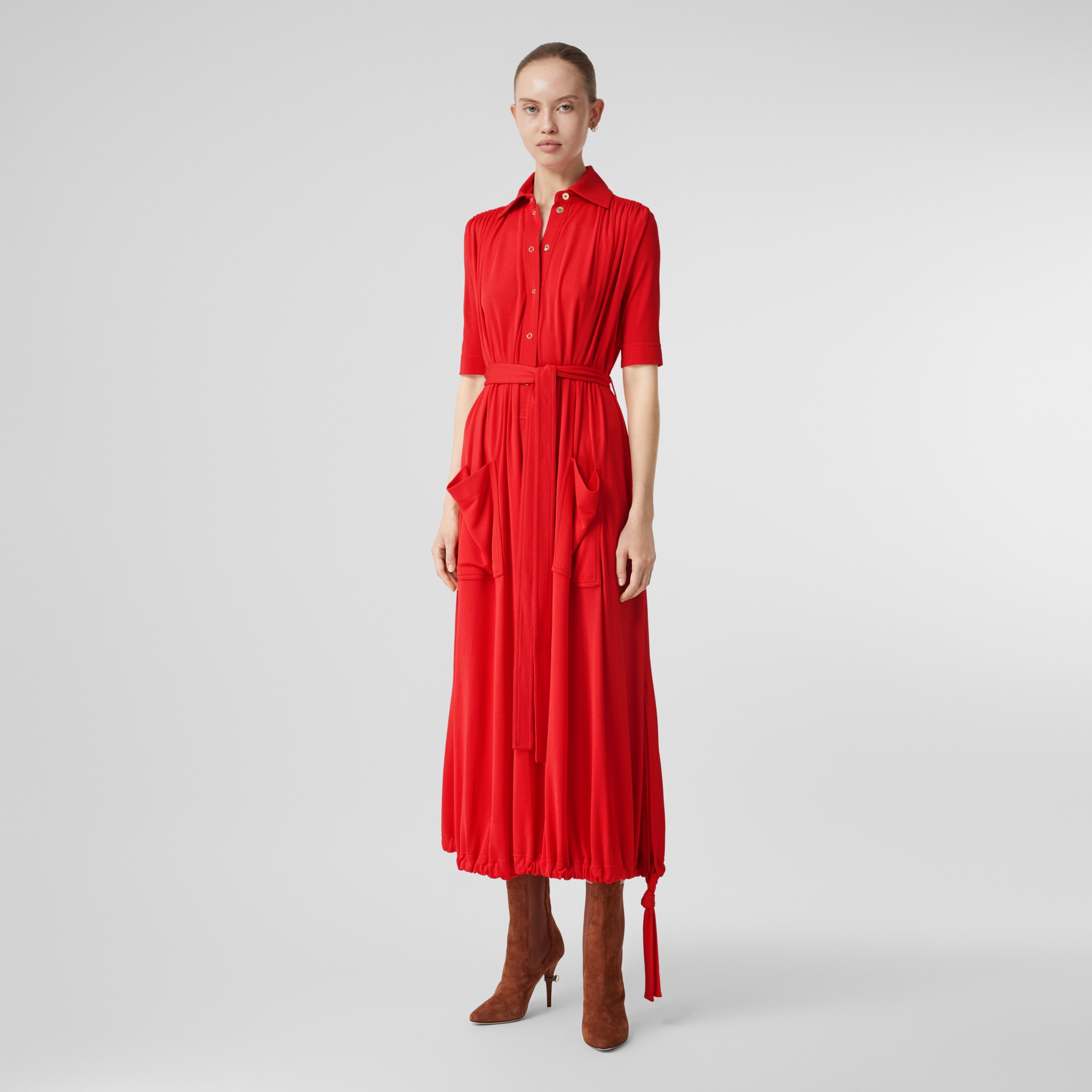Shortsleeve Gathered Jersey Dress in Bright Red Women Burberry