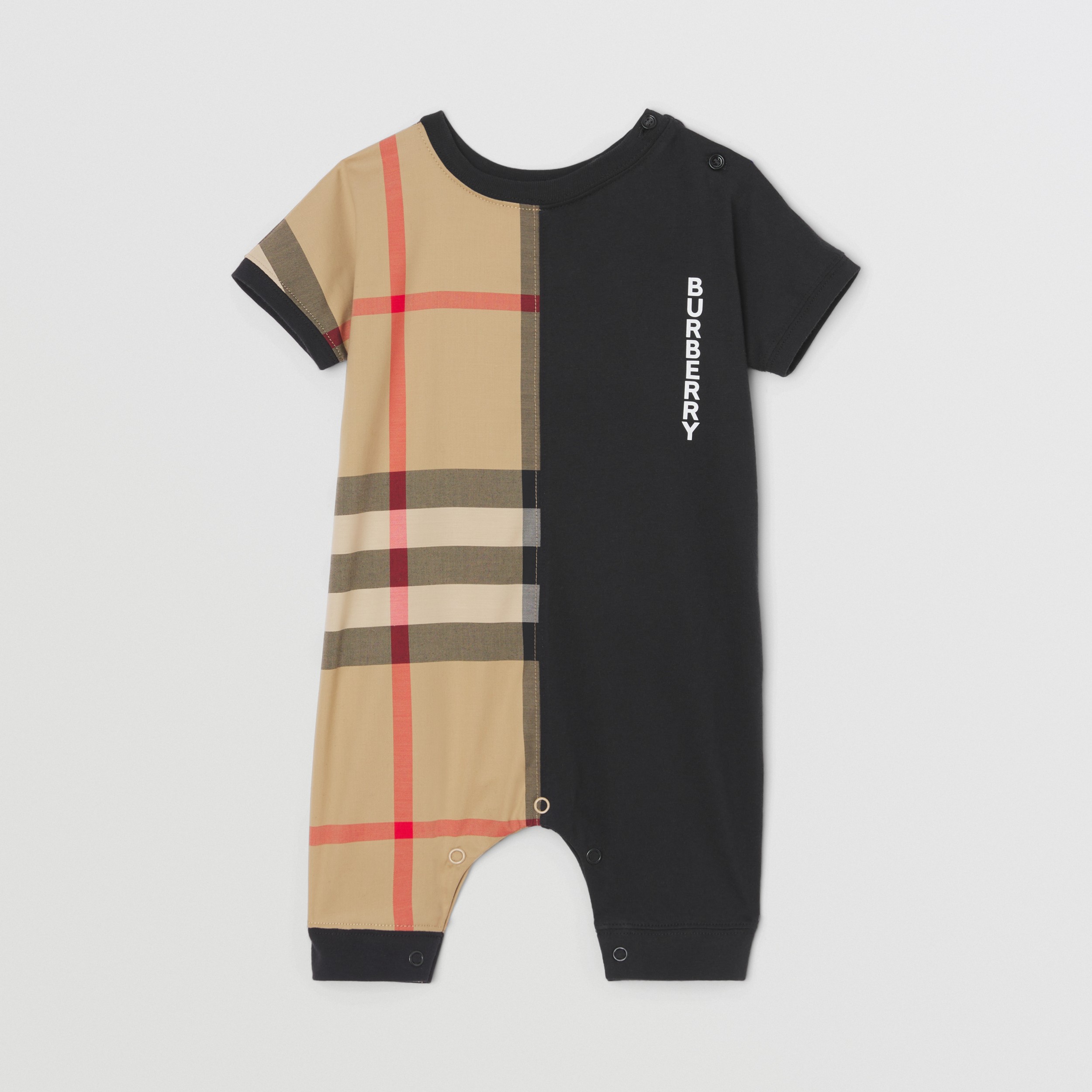 格纹裁片棉质婴儿连身衣 (黑色) - 儿童 | Burberry® 博柏利官网 - 1