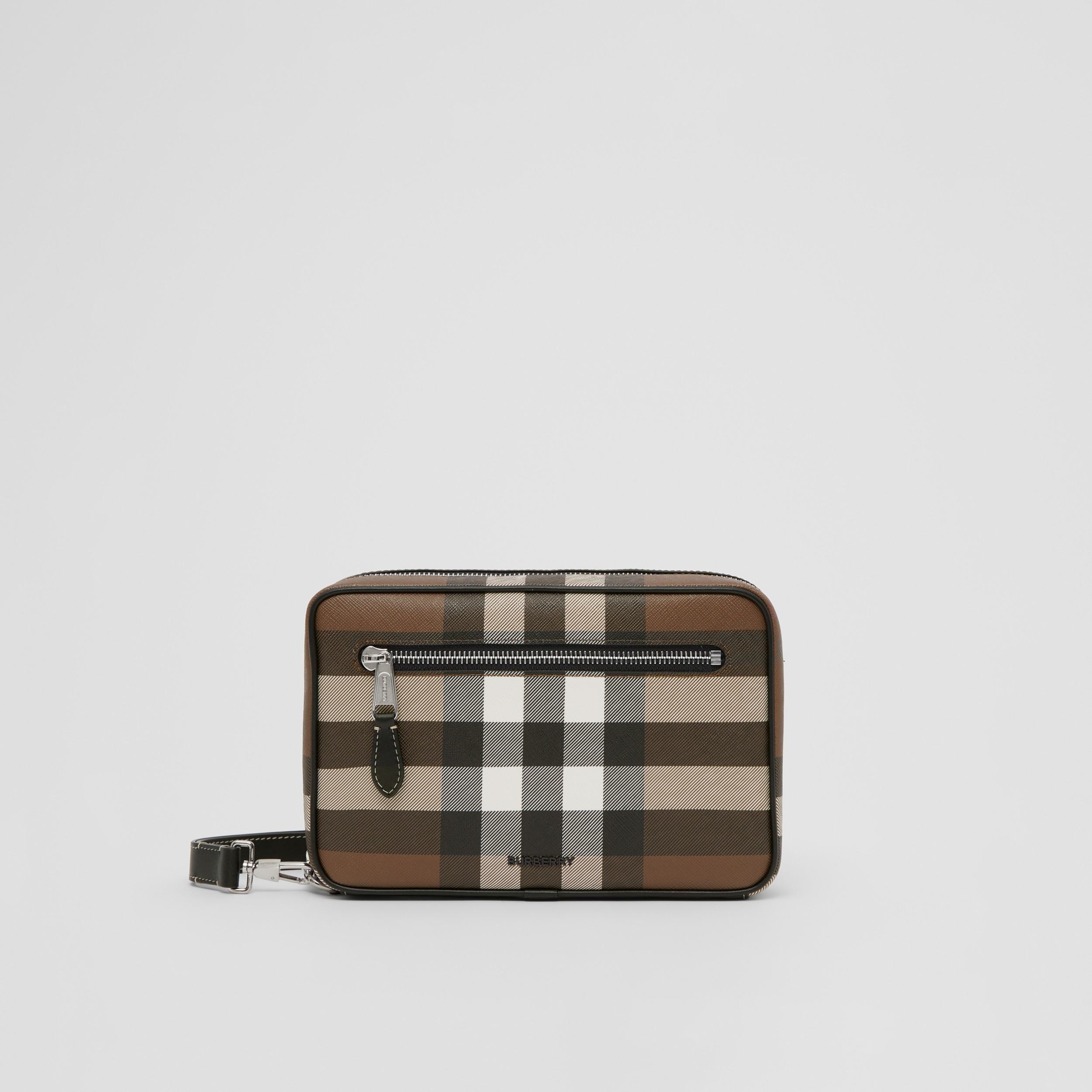 Bolsa pouch de couro e estampa xadrez com zíper (Marrom Bétula Escuro) - Homens | Burberry® oficial - 1