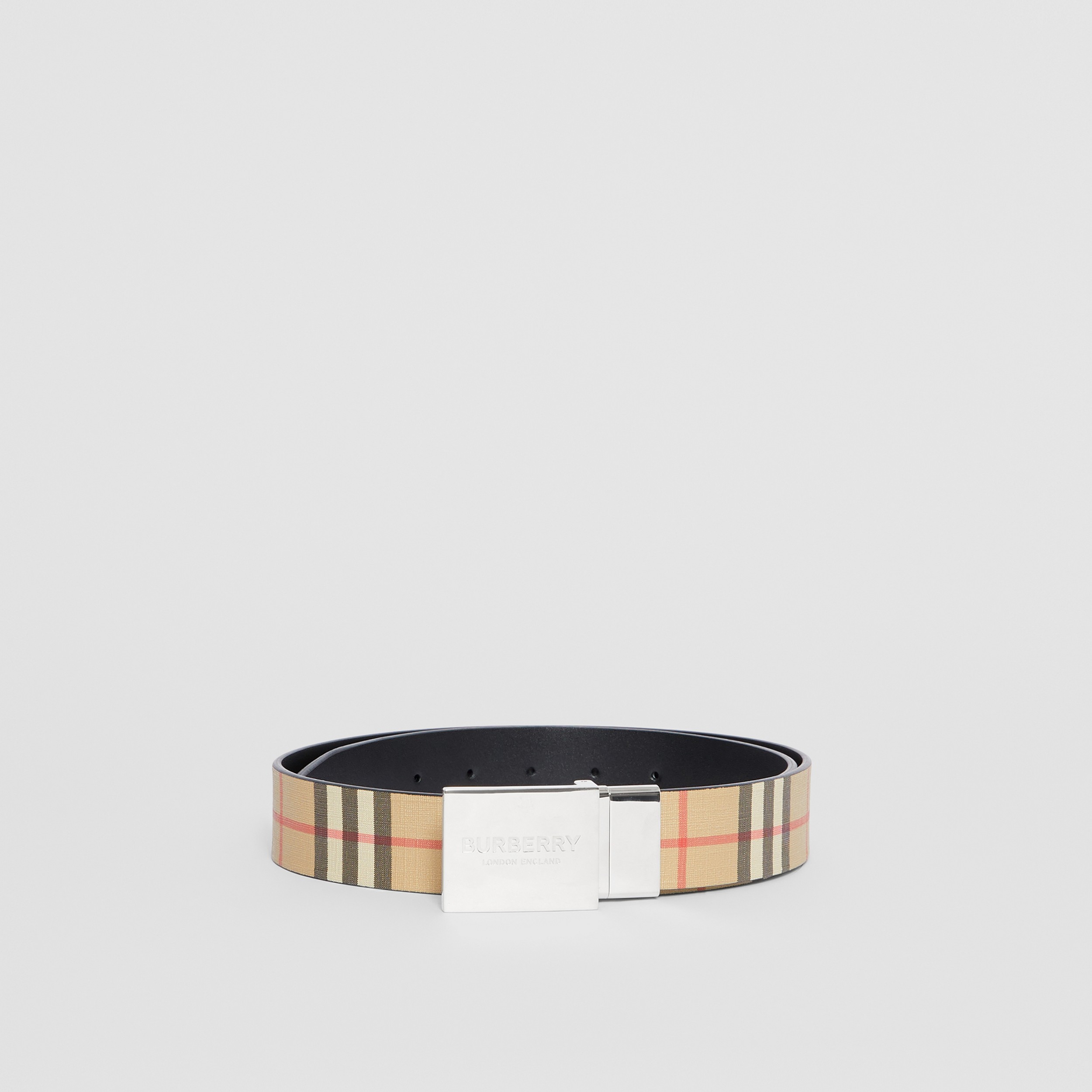 Reversible Plaque Buckle Check and Leather Belt in Archive Beige/black - Men | Burberry® Official - 4