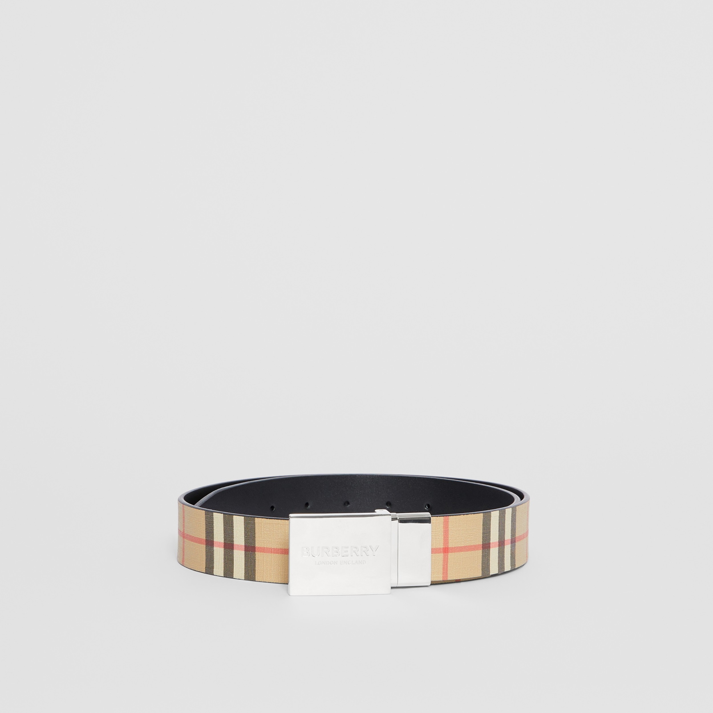 Reversible Plaque Buckle Check and Leather Belt in Archive Beige/black - Men | Burberry® Official - 4