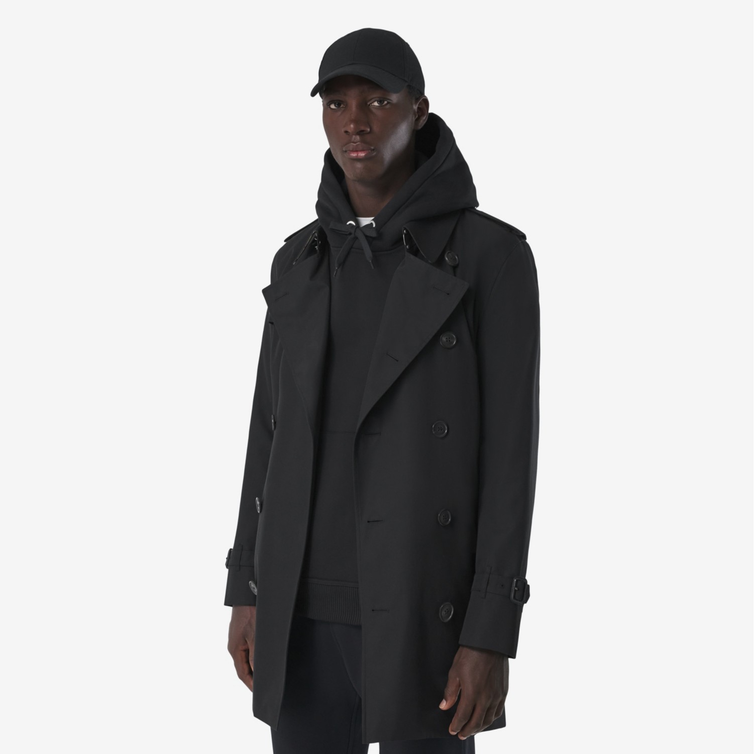 Burberry black short store trench coat