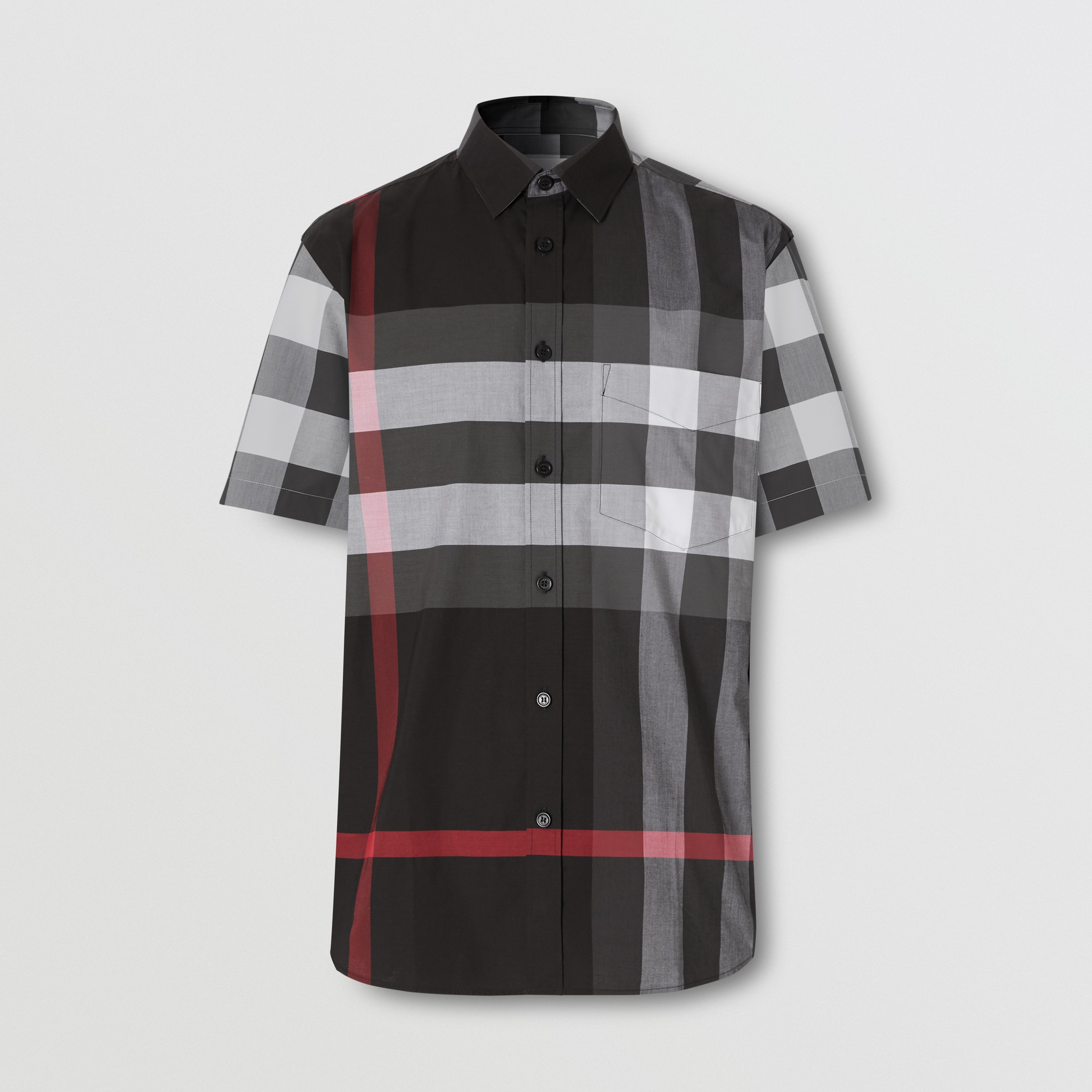 Short-sleeve Check Stretch Cotton Poplin Shirt in Charcoal - Men | Burberry® Official - 4