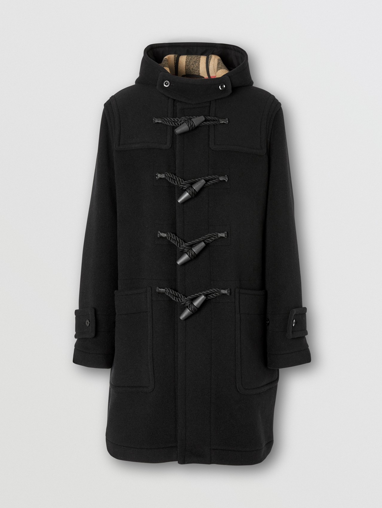 Check-lined Technical Wool Duffle Coat in Black